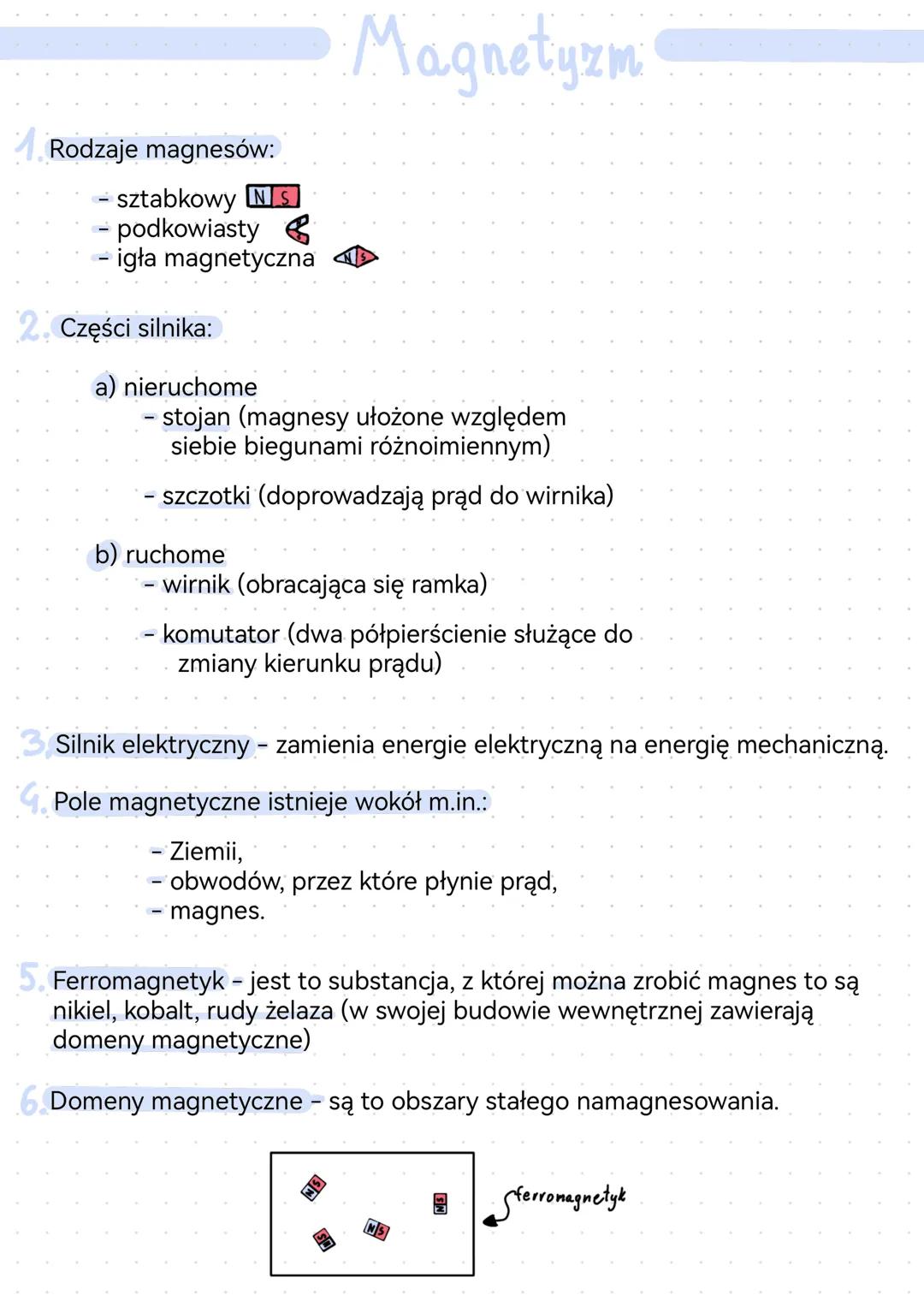 Magnetyzm
Rodzaje magnesów:
- sztabkowy [NS
- podkowiasty 8
- igła magnetyczna
2. Części silnika:
a) nieruchome
- stojan (magnesy ułożone wz