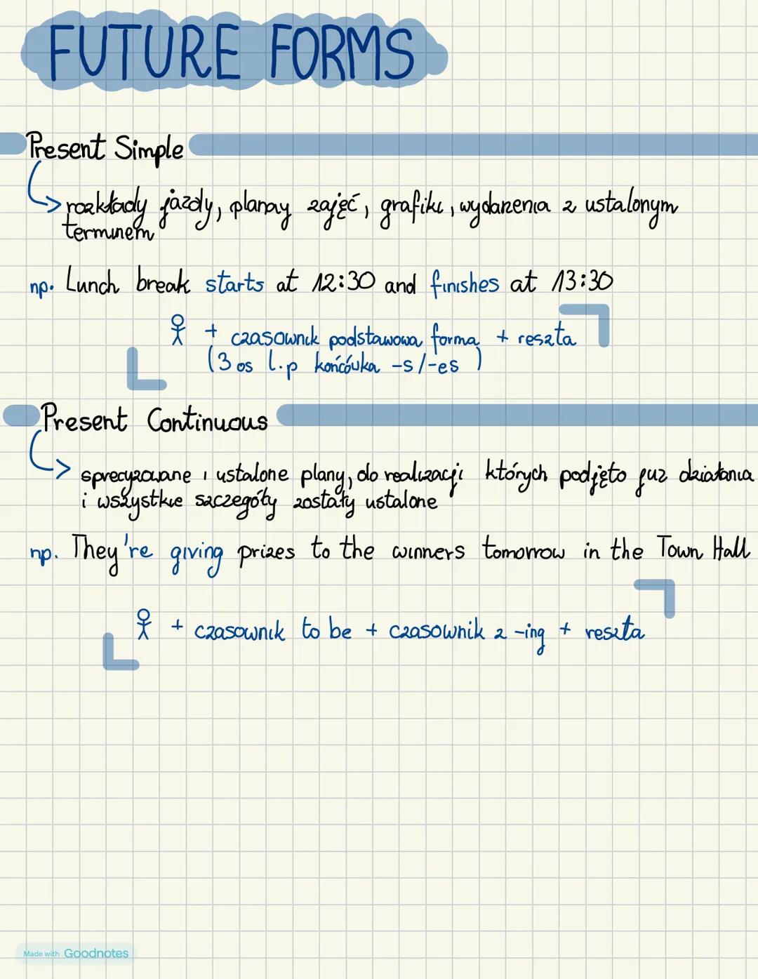 # FUTURE FORMS
Present Simple
-> roaktady jazdy, planay zajęć, grafiku, wydarzenia z ustalonym
terminem
np. Lunch break starts at 12:30 an