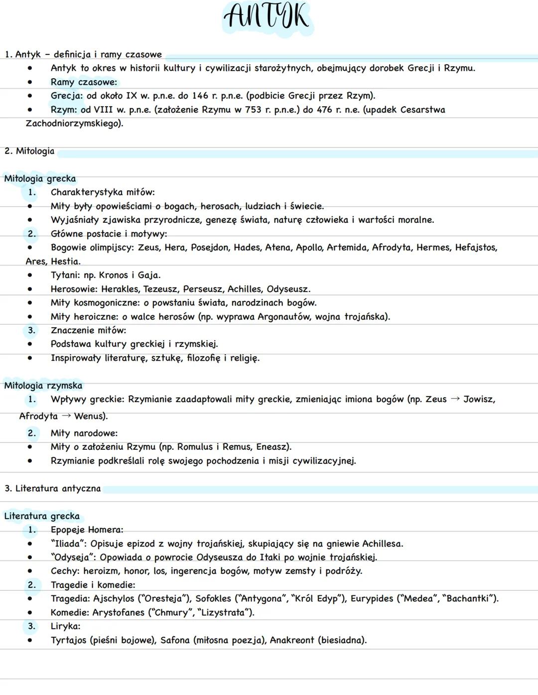 ANTOK
1. Antyk definicja i ramy czasowe
•
•
Antyk to okres w historii kultury i cywilizacji starożytnych, obejmujący dorobek Grecji i Rzymu.