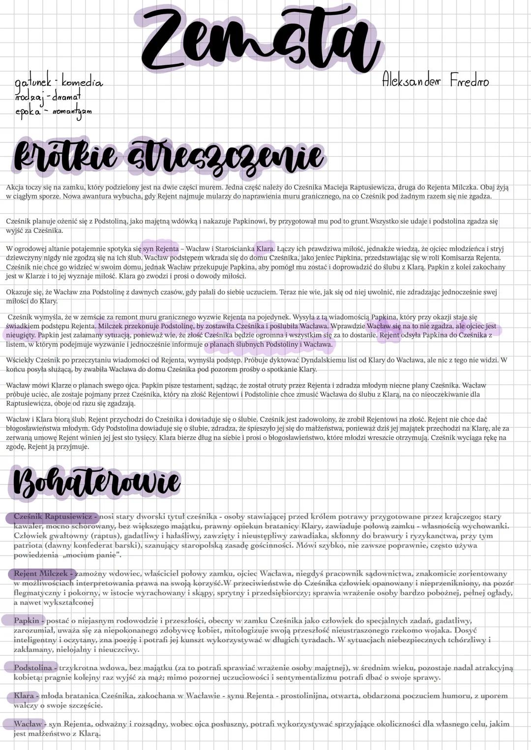 # Zemsta
gatunek komedia
rodzaj-dramat
epoka - romantyam
Aleksander Fredro
krótkie streszczenie
Akcja toczy się na zamku, który podzielo