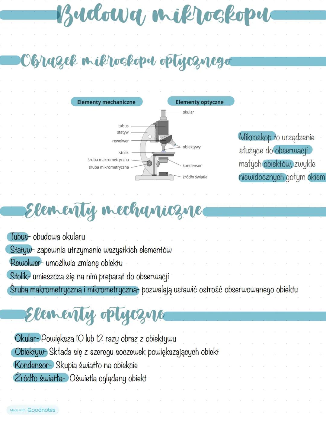 Budowa mikroskopu
•Obrazek mikroskopu optycznego
Elementy mechaniczne
Elementy optyczne
tubus
statyw
rewolwer
okular
obiektywy
stolik
śruba