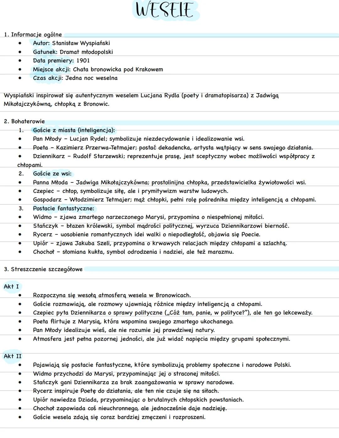 # WESELE
1. Informacje ogólne
- Autor: Stanisław Wyspiański
- Gatunek: Dramat młodopolski
- Data premiery: 1901
- Miejsce akcji: Chata bro