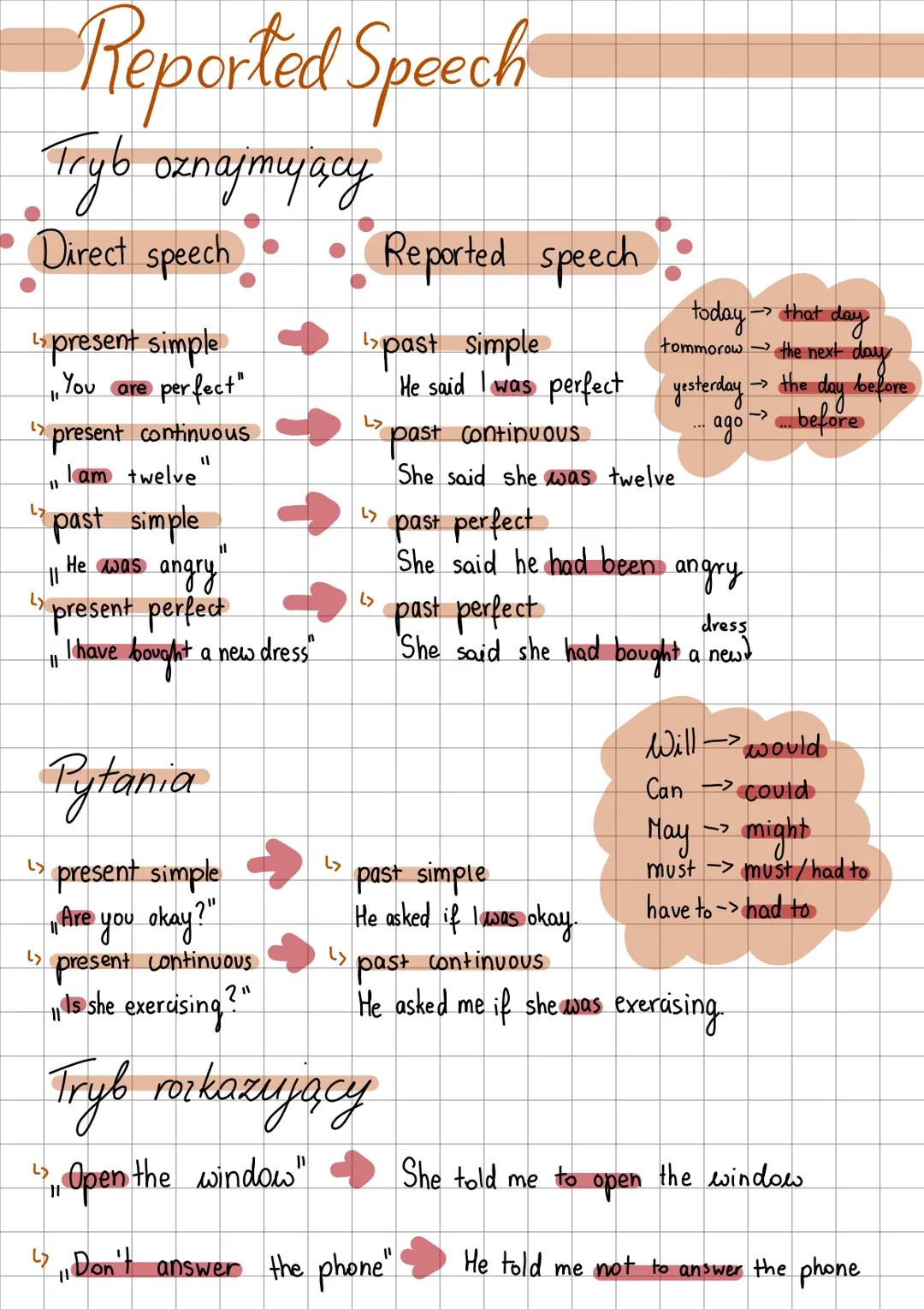 # Reported Speech
# Tryb oznajmujący
# Direct speech
L
↳ present simple
"You are perfect"
>
> present continuous
lam twelve"
past s