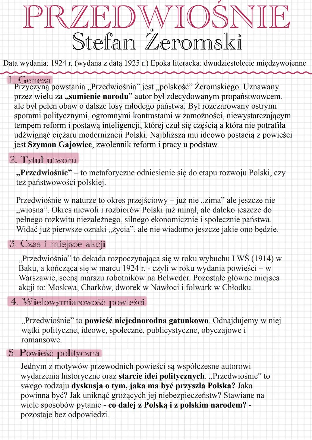 PRZEDWIOSNIE
Stefan Żeromski
Data wydania: 1924 r. (wydana z datą 1925 r.) Epoka literacka: dwudziestolecie międzywojenne
1. Geneza
Przyczyn