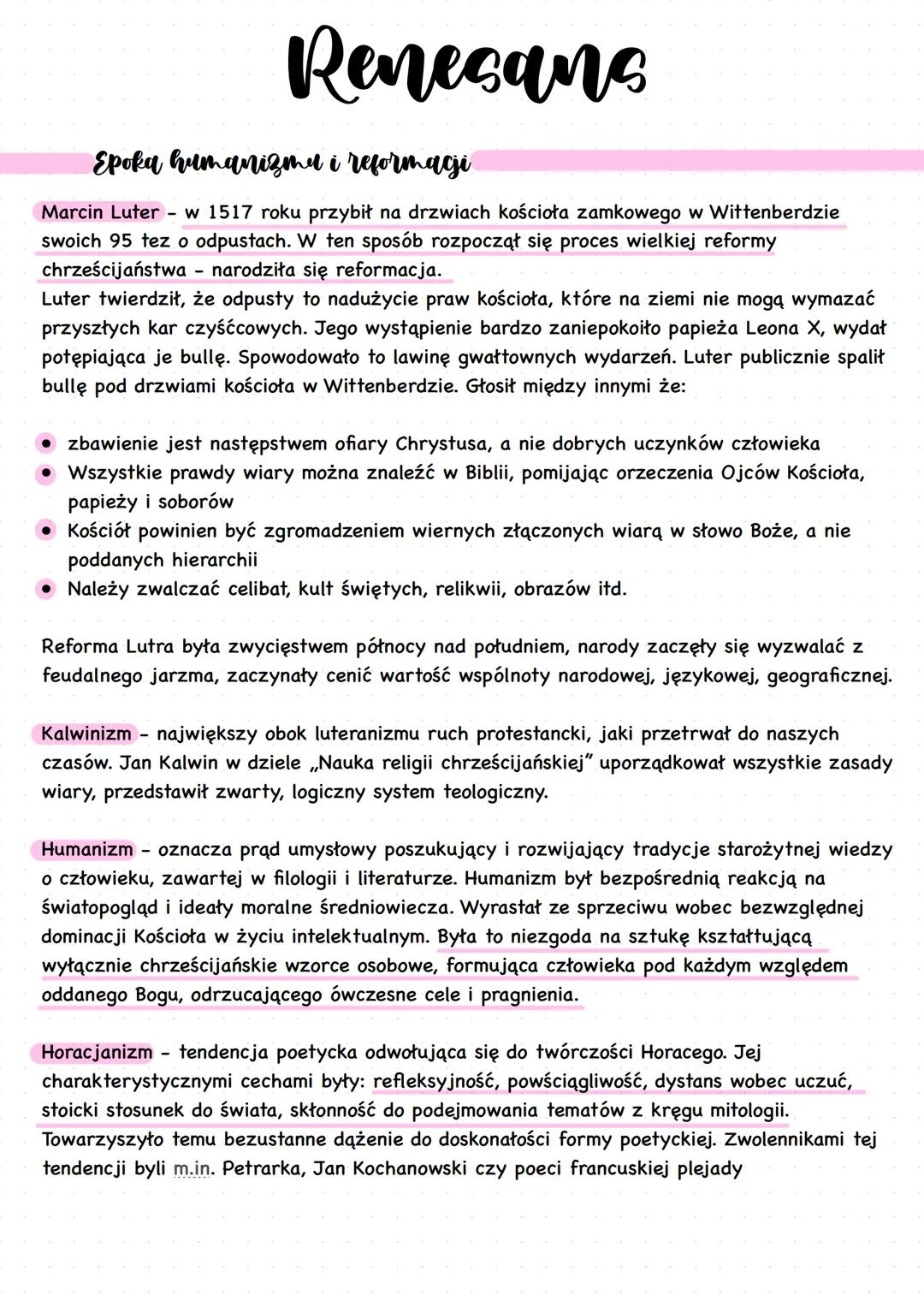 # Renesans
Epoka humanizmu i reformacji
Marcin Luter - w 1517 roku przybił na drzwiach kościoła zamkowego w Wittenberdzie
swoich 95 tez o