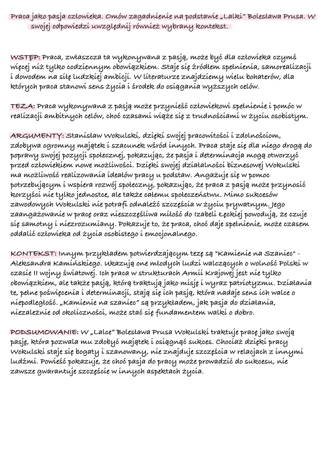 Miłość - sita destrukcyjna czy motywująca do działania? Omów zagadnienie na
podstawie „Lalki" Bolesława Prusa. W swojej odpowiedzi uwzględni