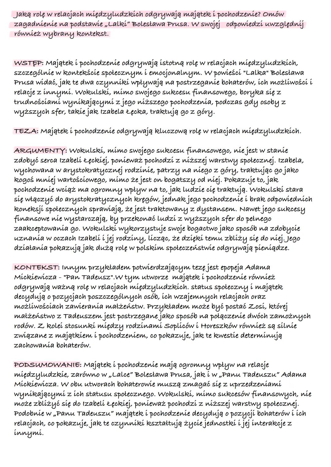 Miłość - sita destrukcyjna czy motywująca do działania? Omów zagadnienie na
podstawie „Lalki" Bolesława Prusa. W swojej odpowiedzi uwzględni