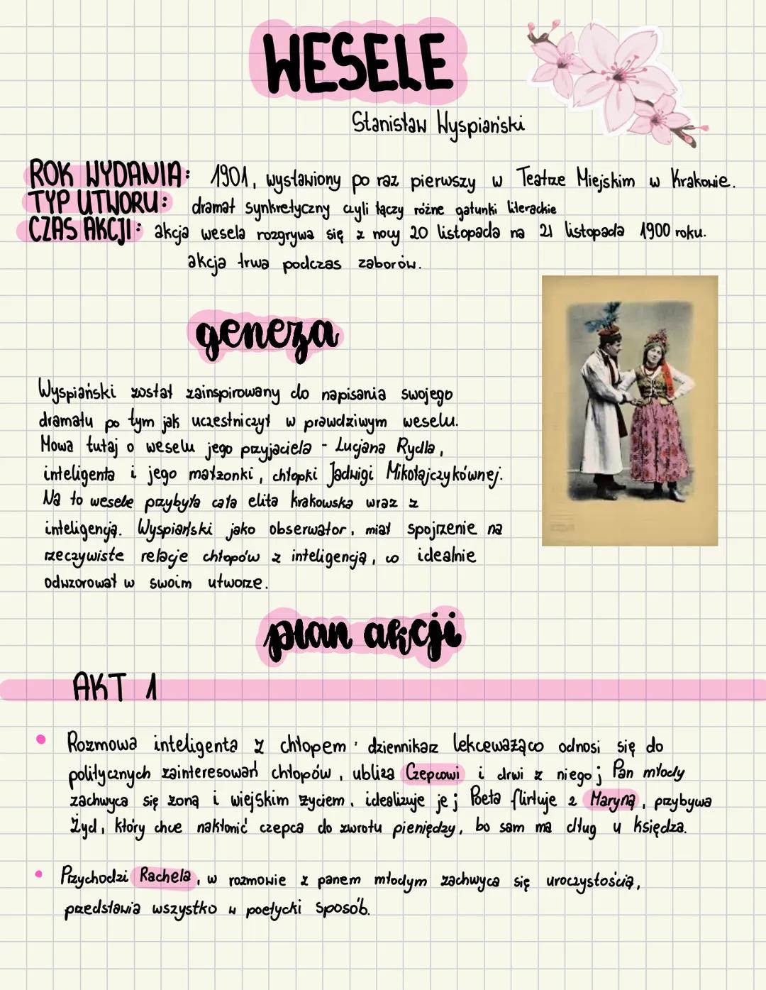 WESELE
Stanisław Wyspiański
ROK WYDANIA: 1901, wystawiony po raz pierwszy w Teatrze Miejskim
TYP UTWORU dramat synkretyczny czyli łączy różn