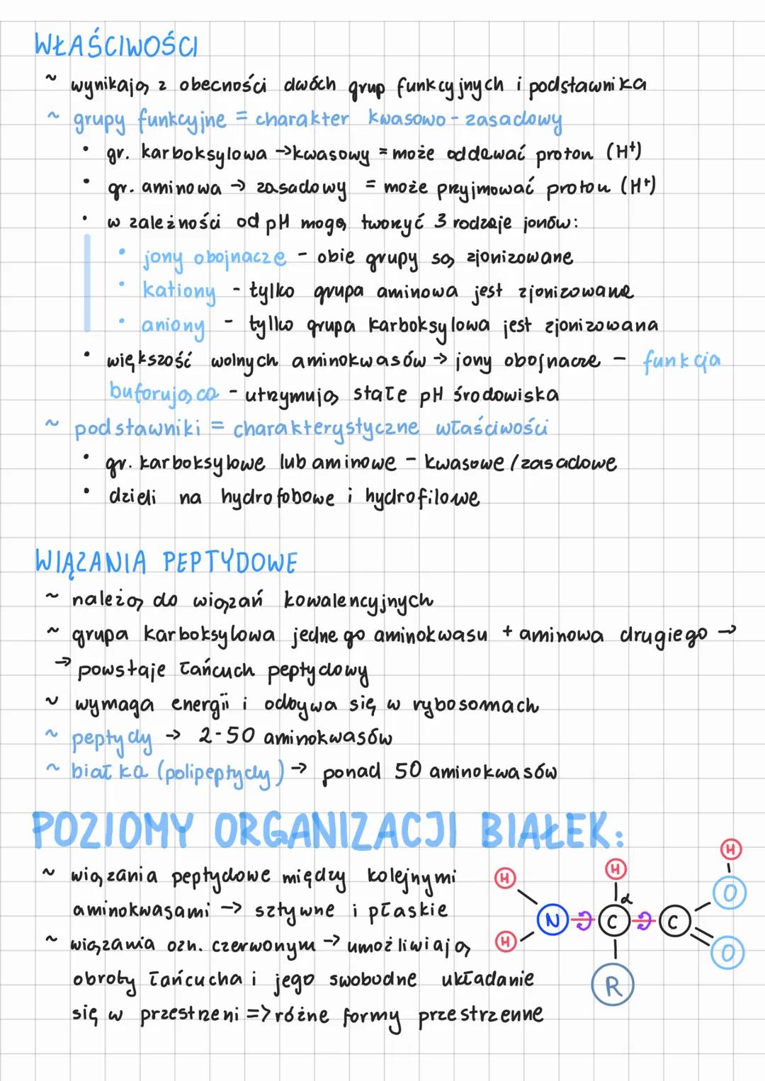 BIAŁKA
AMINOKWASY!
~
~
2 węgla C, wodoru M, tlenu O i azotu N ; czasem
siarki S
2 grupy funkcyjne zasadowa grupa aminowa (-NH₂) oraz kwasowa