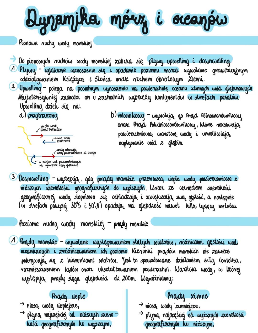 # Dynamika mórz i occanów
Pionowe ruchy wody morskiej
Do pionowych Nuchów wody morskiej zalicza się plywy, upwelling i downwelling.
A Plyw
