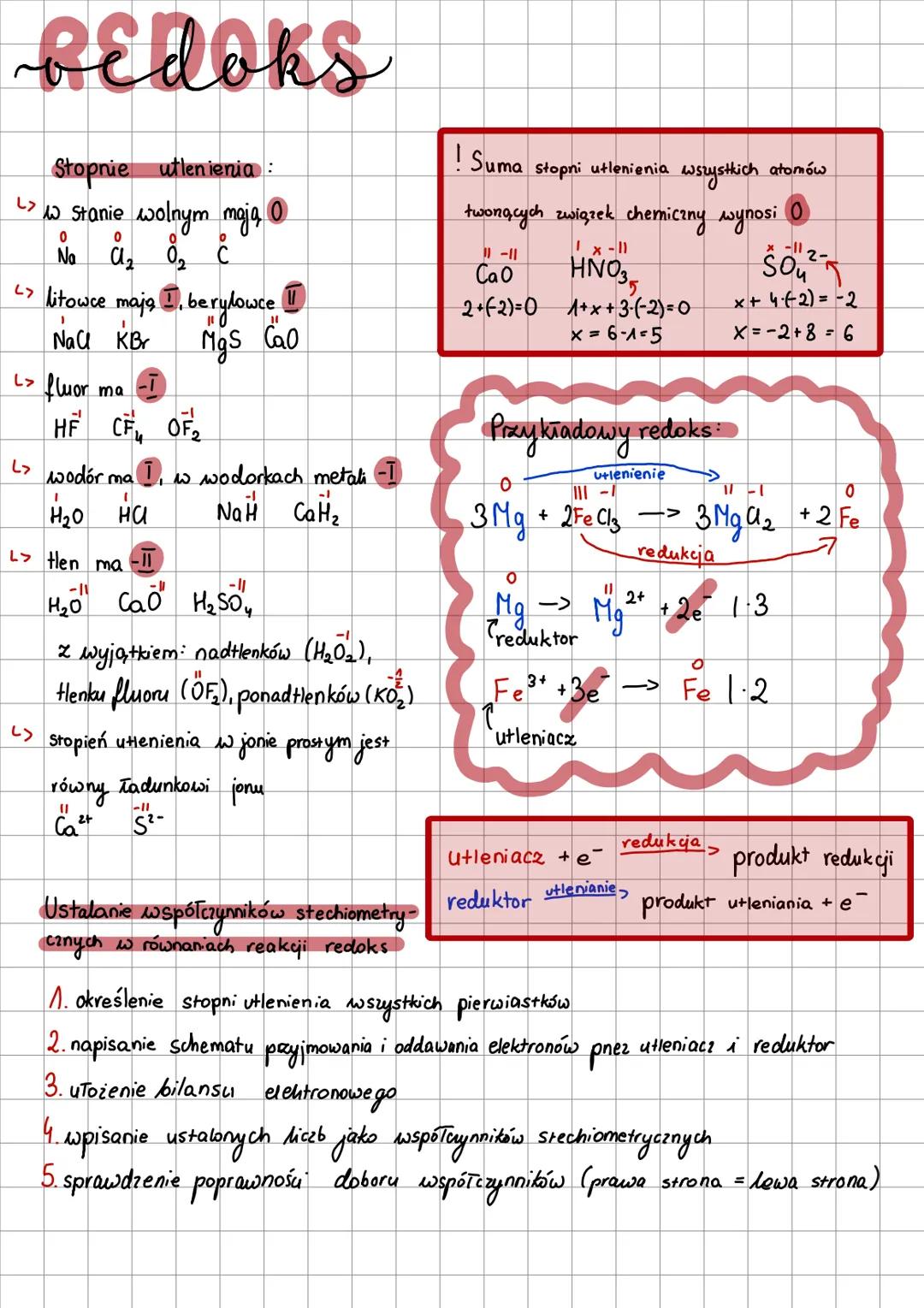 # REDOKS
Stopnie utlenienia:
> w stanie wolnym mają O
No $O_2$ $O_2$ C
> litowce maja I, berylowce II
NaCl KBr Mgs Cao
> fluor ma -I
HF CF₄
