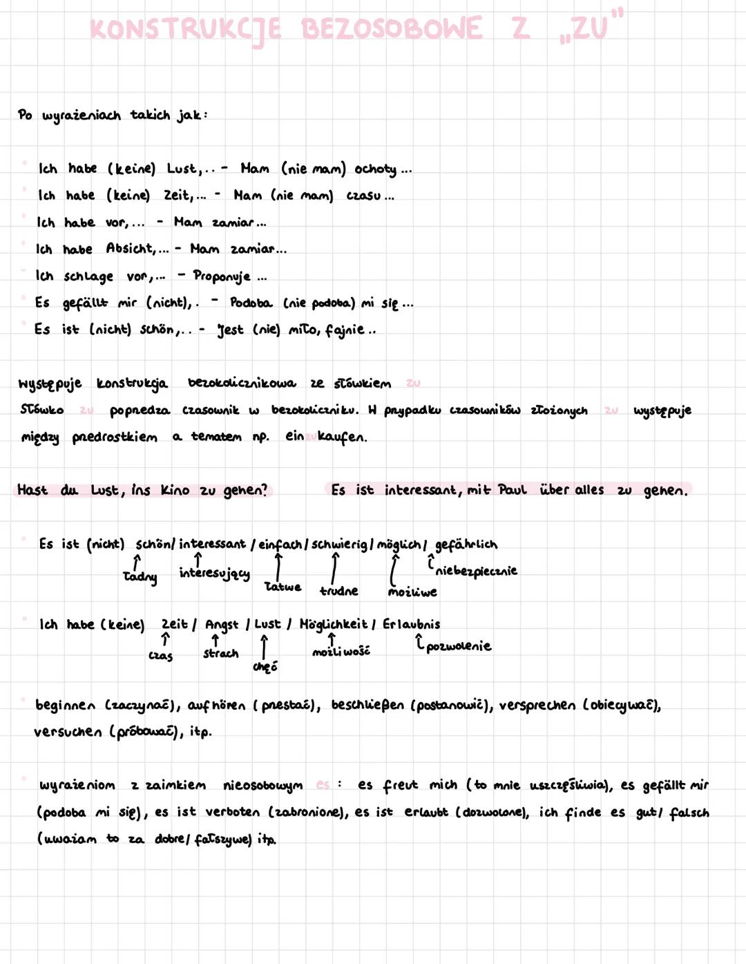 KONSTRUKCJE BEZOSOBOWE Z „ZU"
Po wyrażeniach takich jak:
Ich habe (keine) Lust,...
Ich habe (keine) Zeit,...
Ich habe vor, ...
-
-
Mam (nie