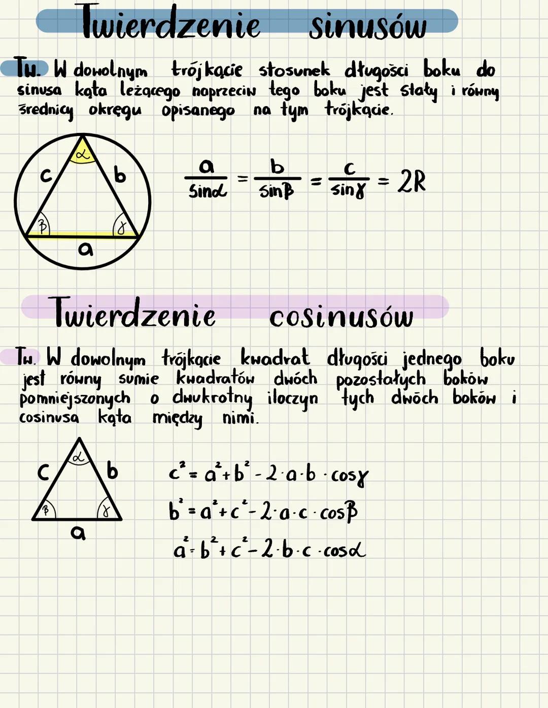 # Twierdzenie sinusów
Tw. W dowolnym trójkącie stosunek długości boku do
sinusa kąta leżącego naprzeciw tego boku jest stały i równy
średni