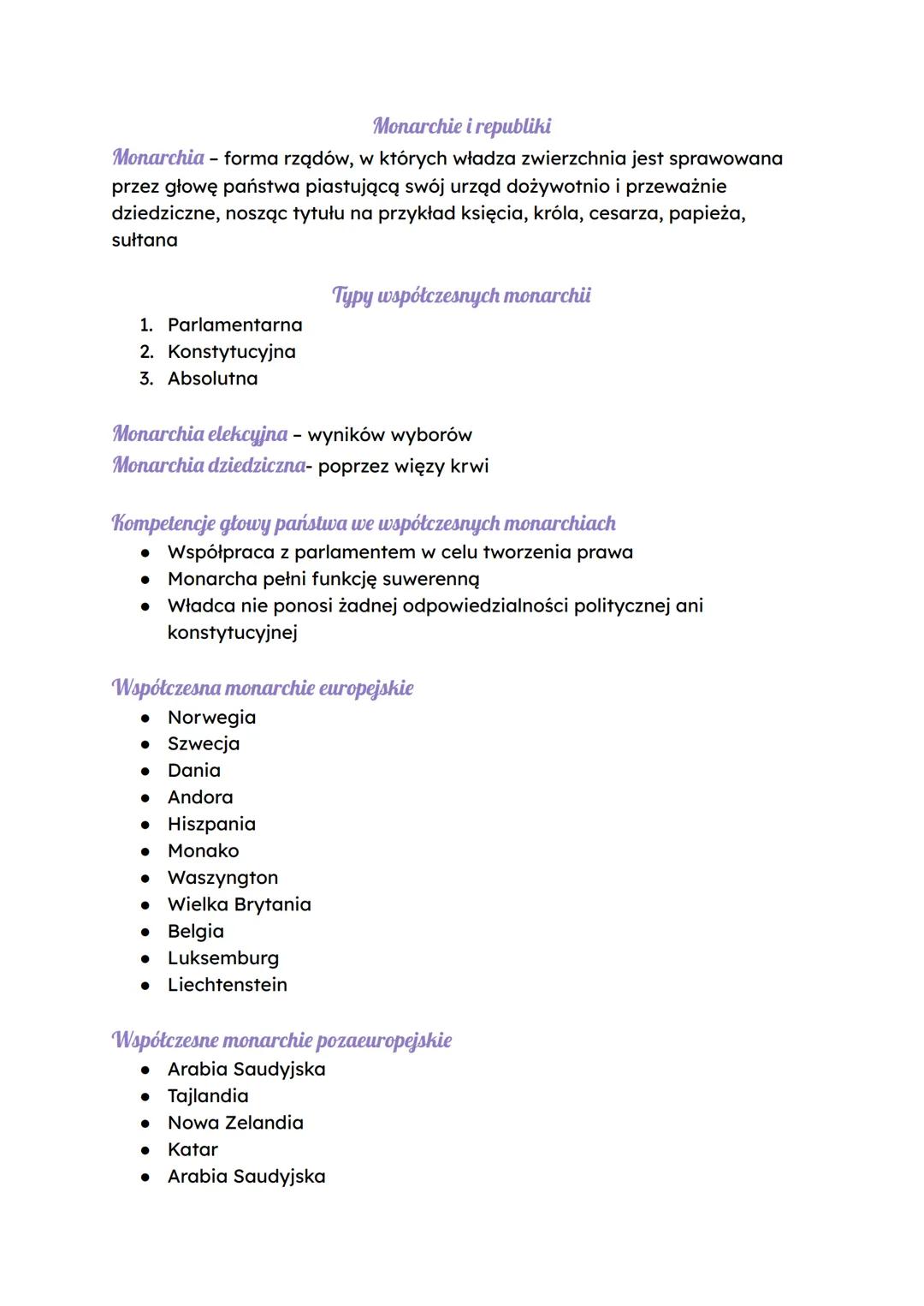 Monarchie i republiki
Monarchia - forma rządów, w których władza zwierzchnia jest sprawowana
przez głowę państwa piastującą swój urząd doży