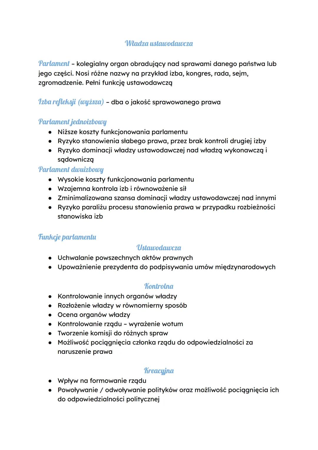 # Władza ustawodawcza
Parlament - kolegialny organ obradujący nad sprawami danego państwa lub
jego części. Nosi różne nazwy na przykład izb