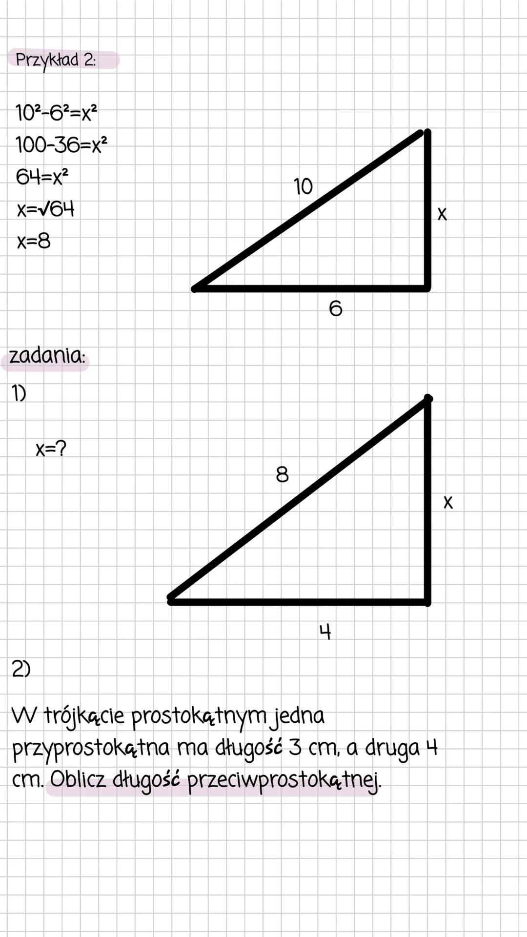 # Twierdzenie
Pitagorasa
Jeśli trójkąt jest prostokątny, to suma kwadratów
wzór:
długości przyprostokątnych jest równa kwadratowi
długości