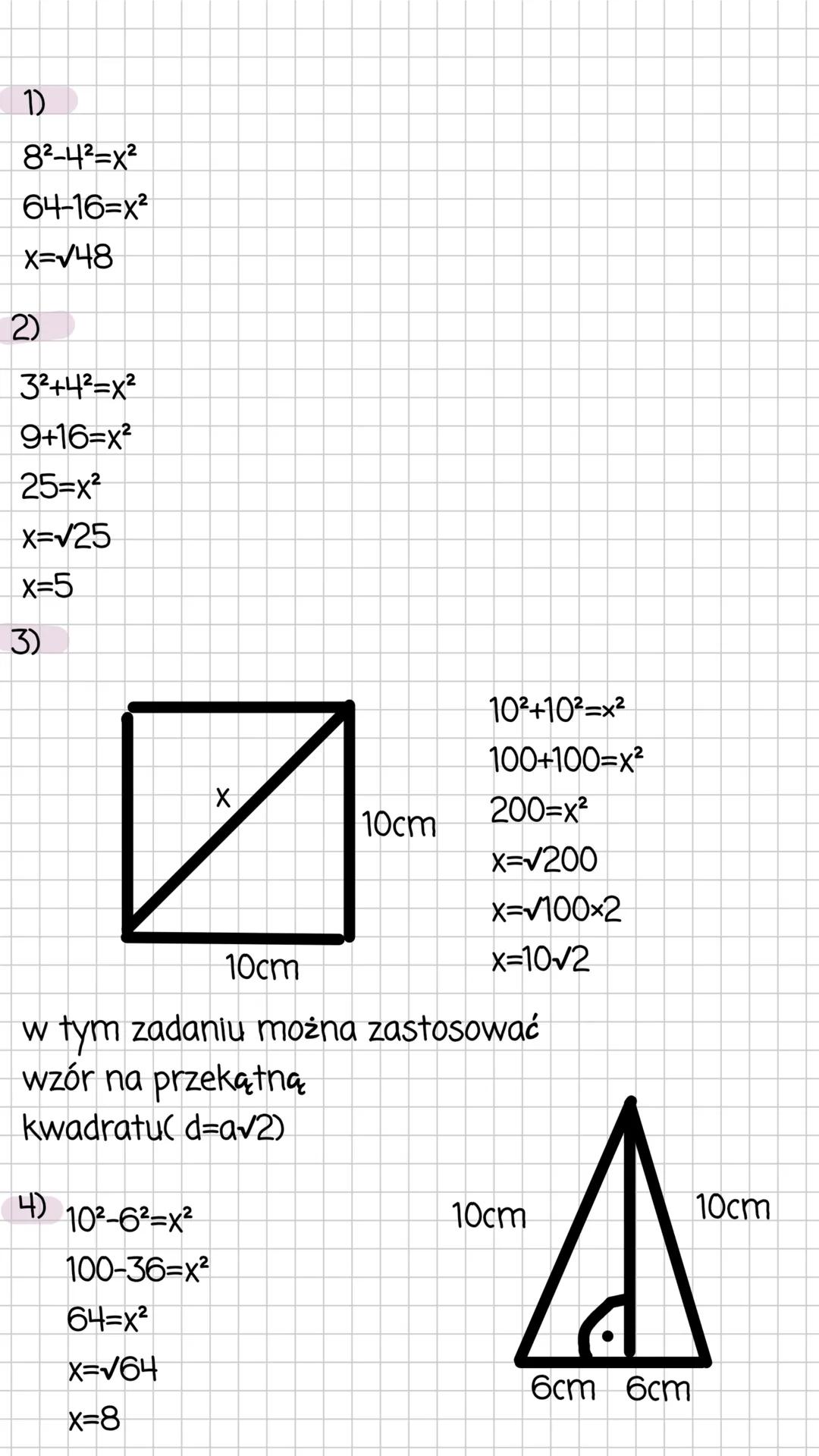 # Twierdzenie
Pitagorasa
Jeśli trójkąt jest prostokątny, to suma kwadratów
wzór:
długości przyprostokątnych jest równa kwadratowi
długości