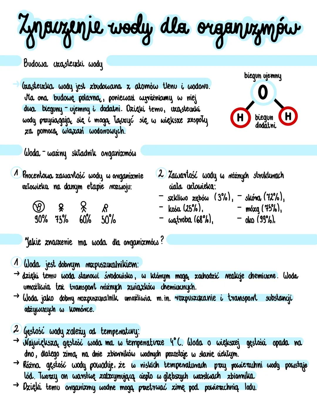 # Znaczenie wody dla organizmów
## Budowa cząsteczki wody
(cząsteczka wody jest zbudowana z atomów tlenu i wodoru.
Ma ona budowę polarną,