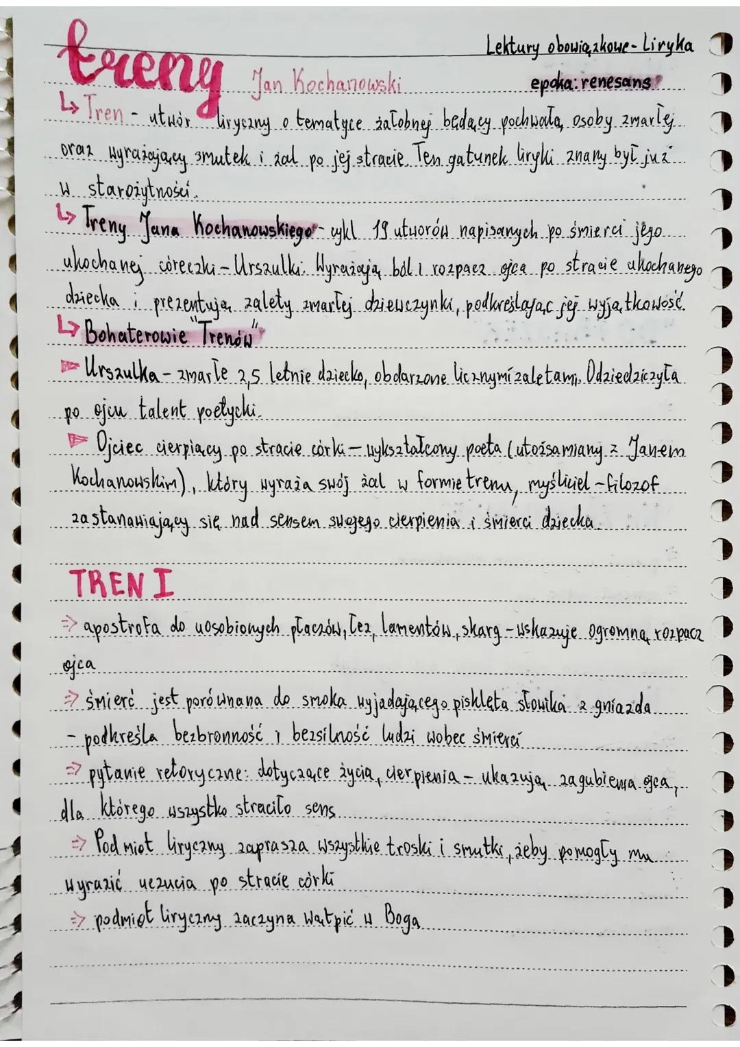 # treny
Jan Kochanowski
→Tren - utwor Liryczny o tematyce żałobnej będący pochwała, osoby zmarłej.
oraz Hyrażający smuteki żal po jej straci