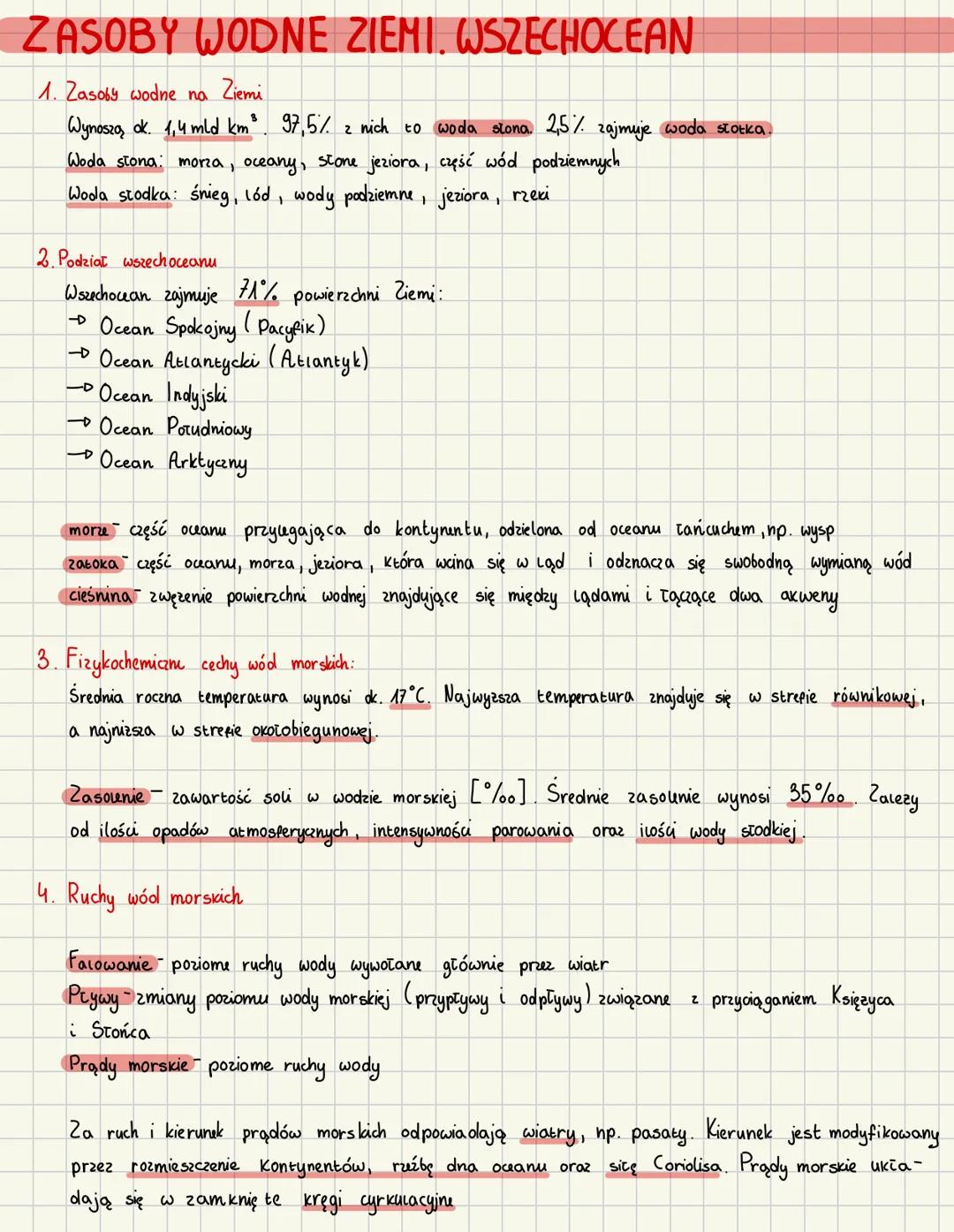 # ZASOBY WODNE ZIEMI. WSZECHOCEAN
1. Zasoby wodne na Ziemi
Wynoszą ok. 1,4 mld km². 97,5% z nich to woda stona. 2,5% zajmuje woda stotka.