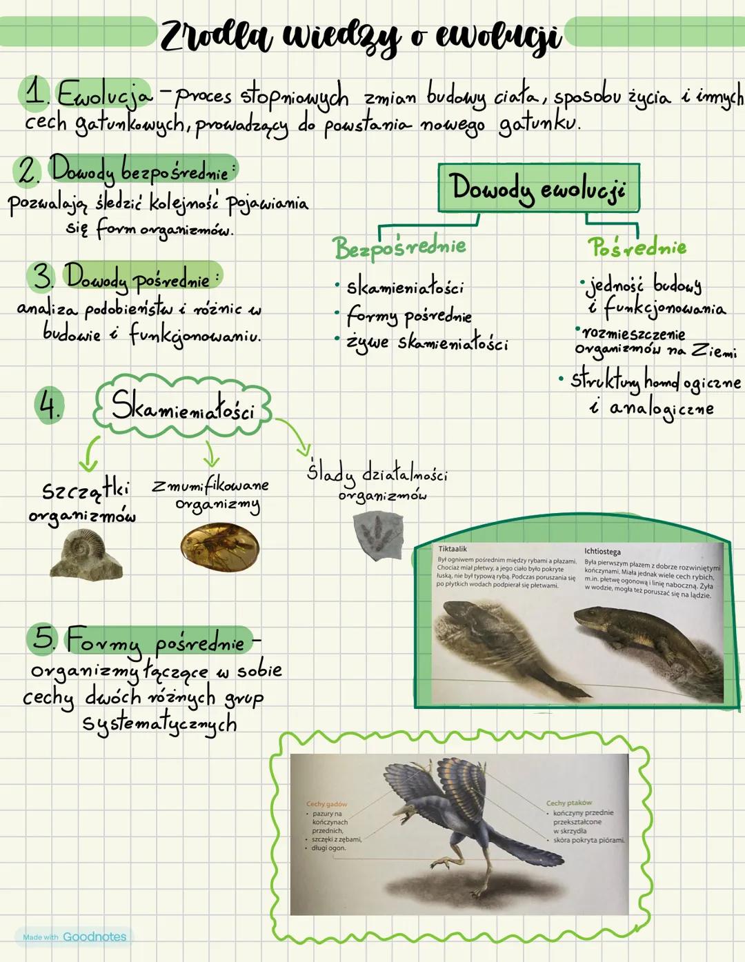 # Zrodla wiedzy o ewolucji
1. Ewolucja-proces stopniowych zmian budowy ciała, sposobu życia i imych
cech gatunkowych, prowadzący do powstan