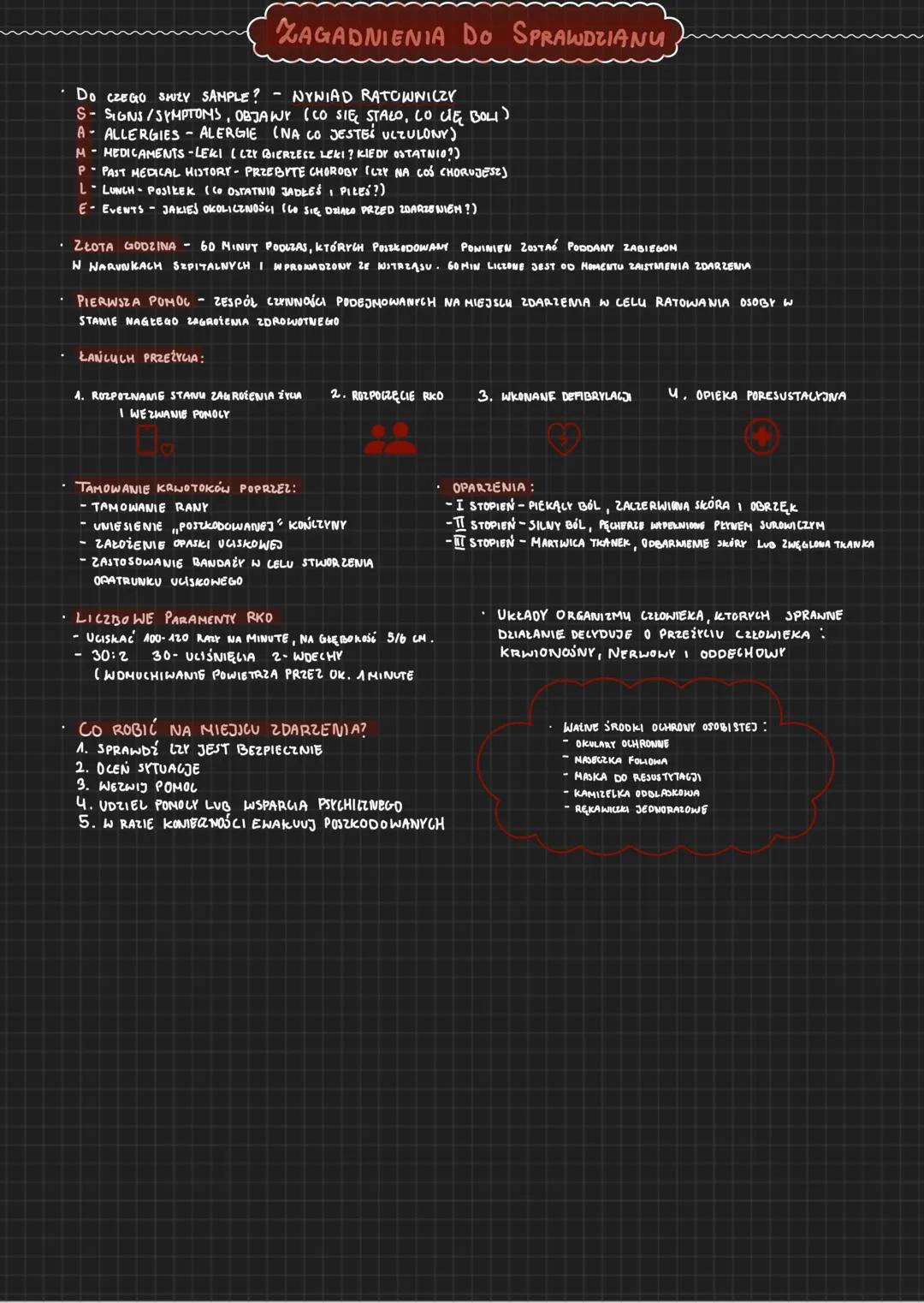 # ZAGADNIENIA DO SPRAWDZIANU
- DO CZEGO SHUEY SAMPLE? - NYWIAD RATOWNICZY
- S-SIGNS/SYMPTOMS, OBJAWY (CO SIĘ STAŁO, CO CIĘ BOLI)
- A- ALLER