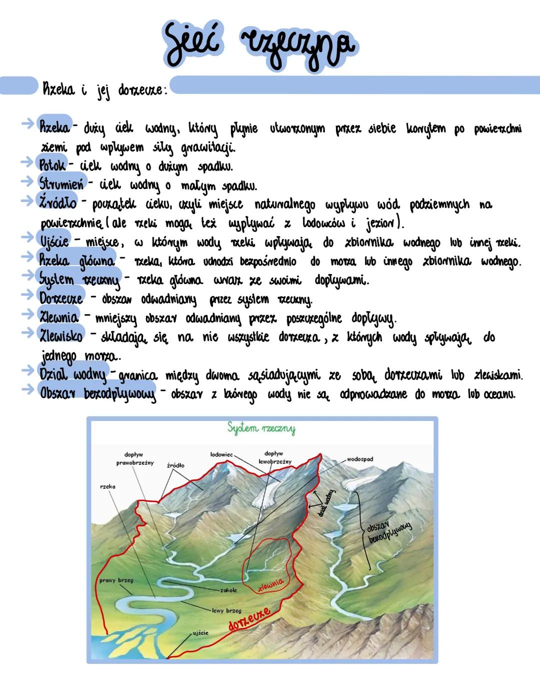 # Sieć rzeczna
Azeka i jej dorzecze:
→hzeka- duży ciek wodny, ktory plynie utworzonym przez siebie korytem po powierzchni
ziemi pod wpływe
