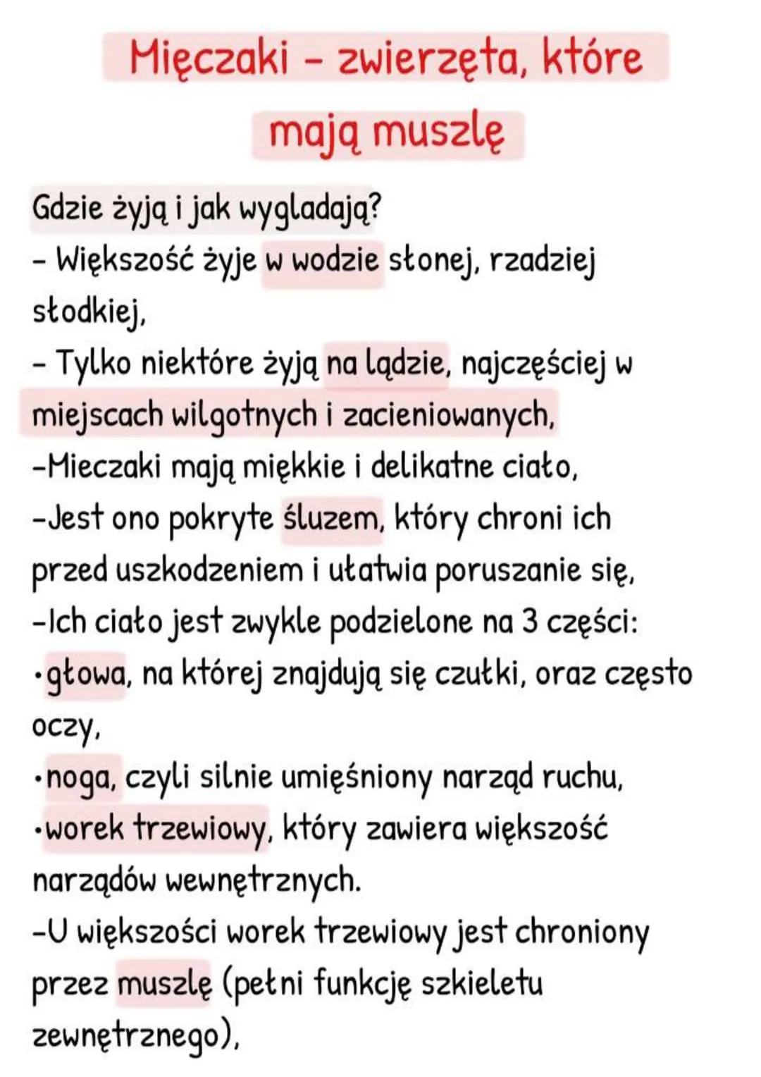--- OCR Start ---
Mięczaki - zwierzęta, które
mają muszlę
Gdzie żyją i jak wygladają?
- Większość żyje w wodzie słonej, rzadziej
słodkiej,
-