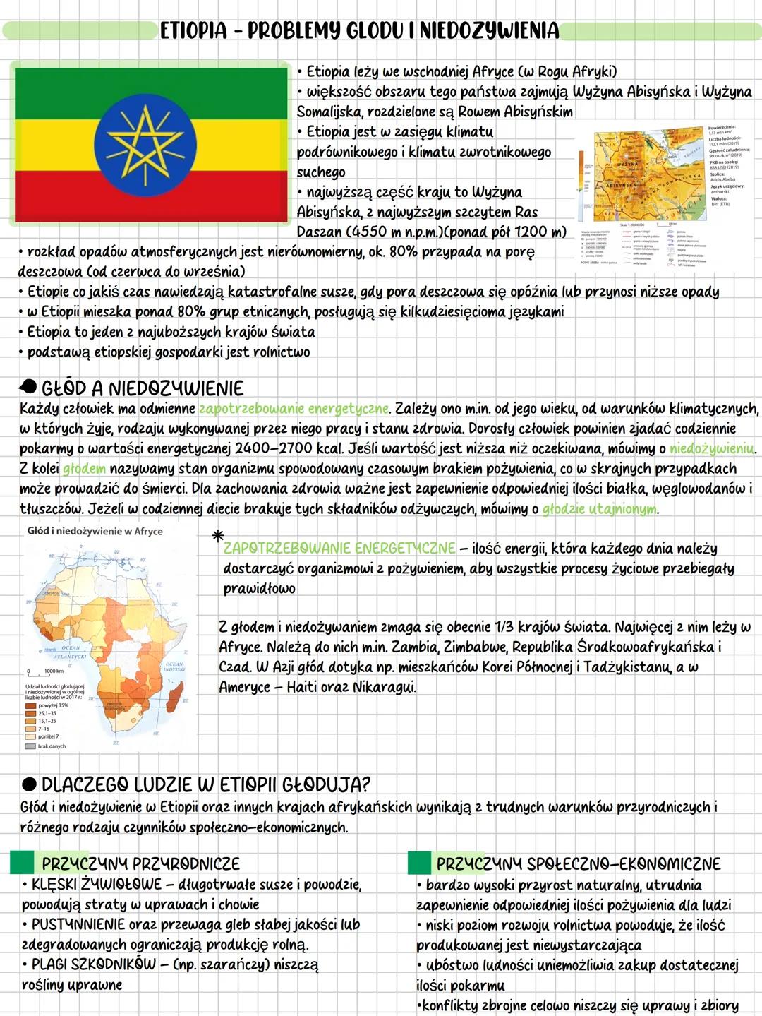 --- OCR Start ---
ETIOPIA - PROBLEMY GLODU I NIEDOZYWIENIA
*
Etiopia leży we wschodniej Afryce (w Rogu Afryki)
• większość obszaru tego pańs