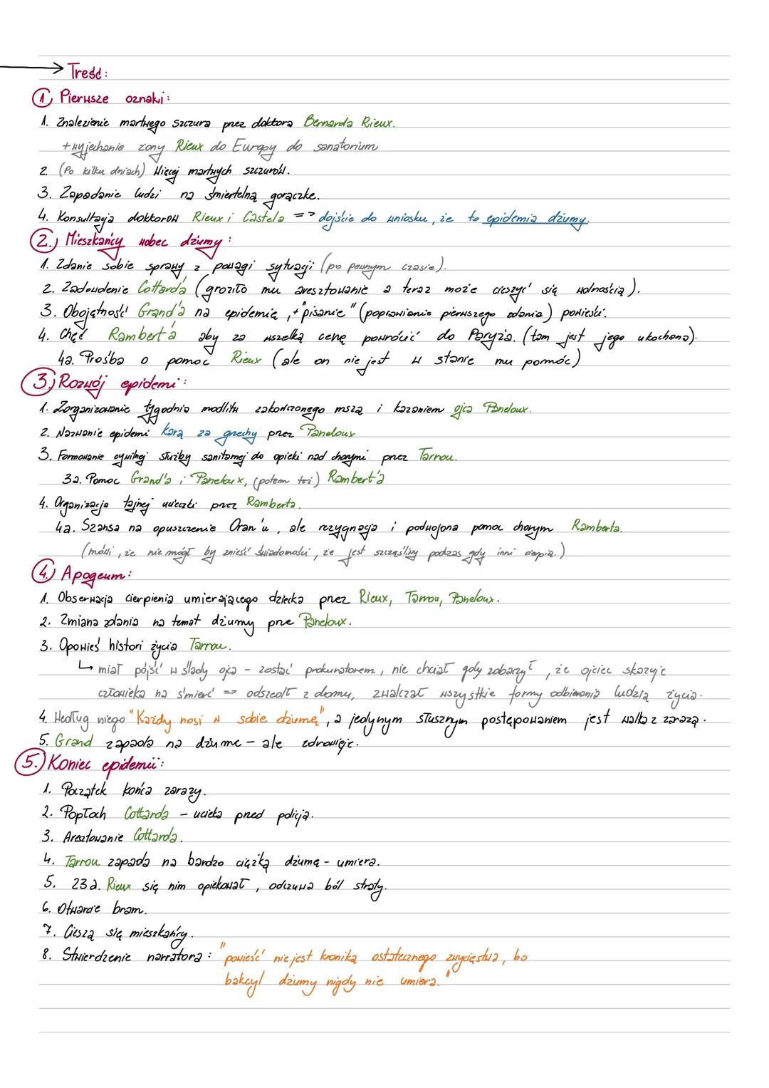 →Tresd:
1. Pierusze oznaki:
1. Znalezienie martuego szczura prez doktora Bernarda Rieux.
+ wyjechania zony Rieux do Europy do sanatorium
2.