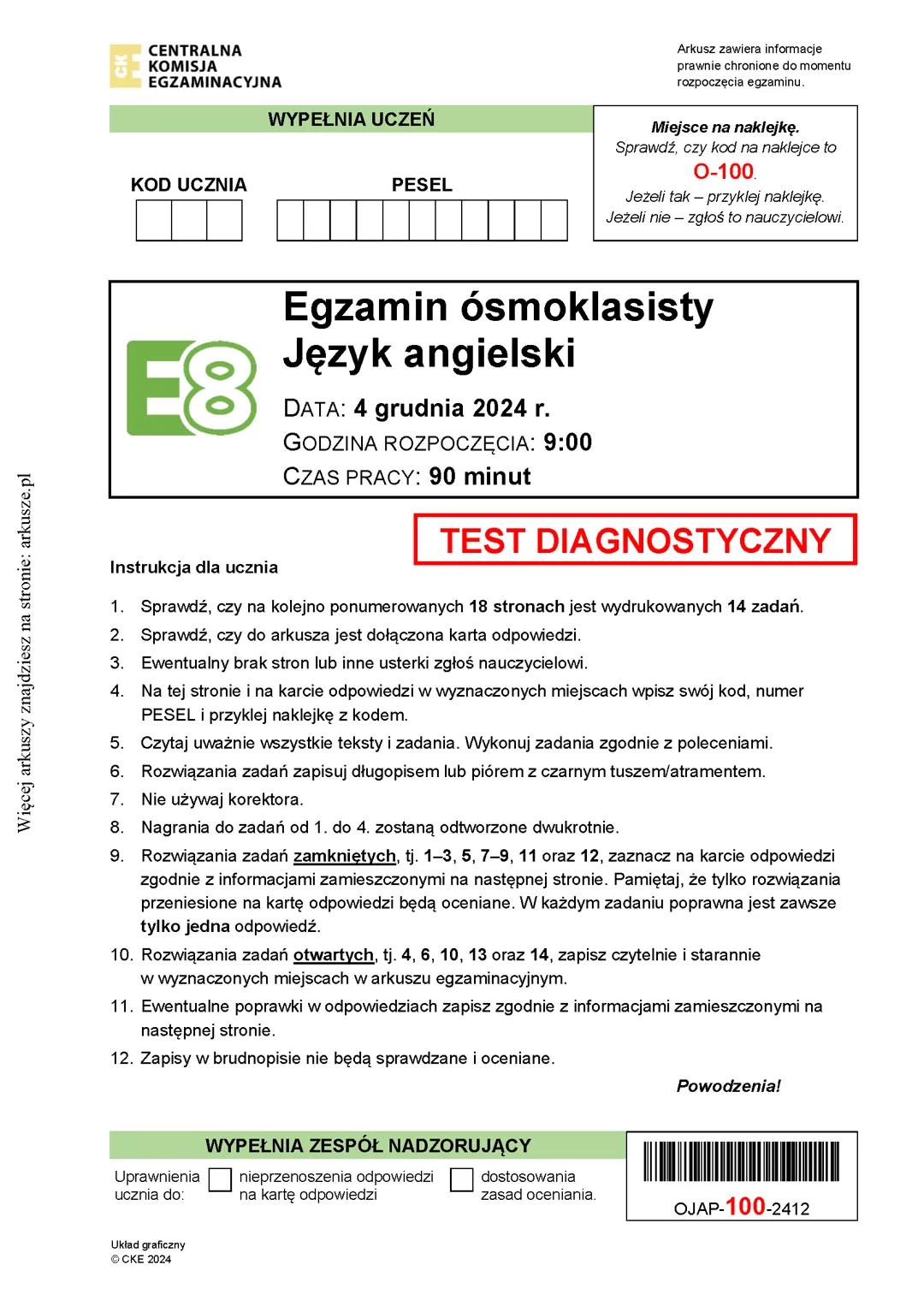 Egzamin ósmoklasisty z języka angielskiego, 04.12,2024