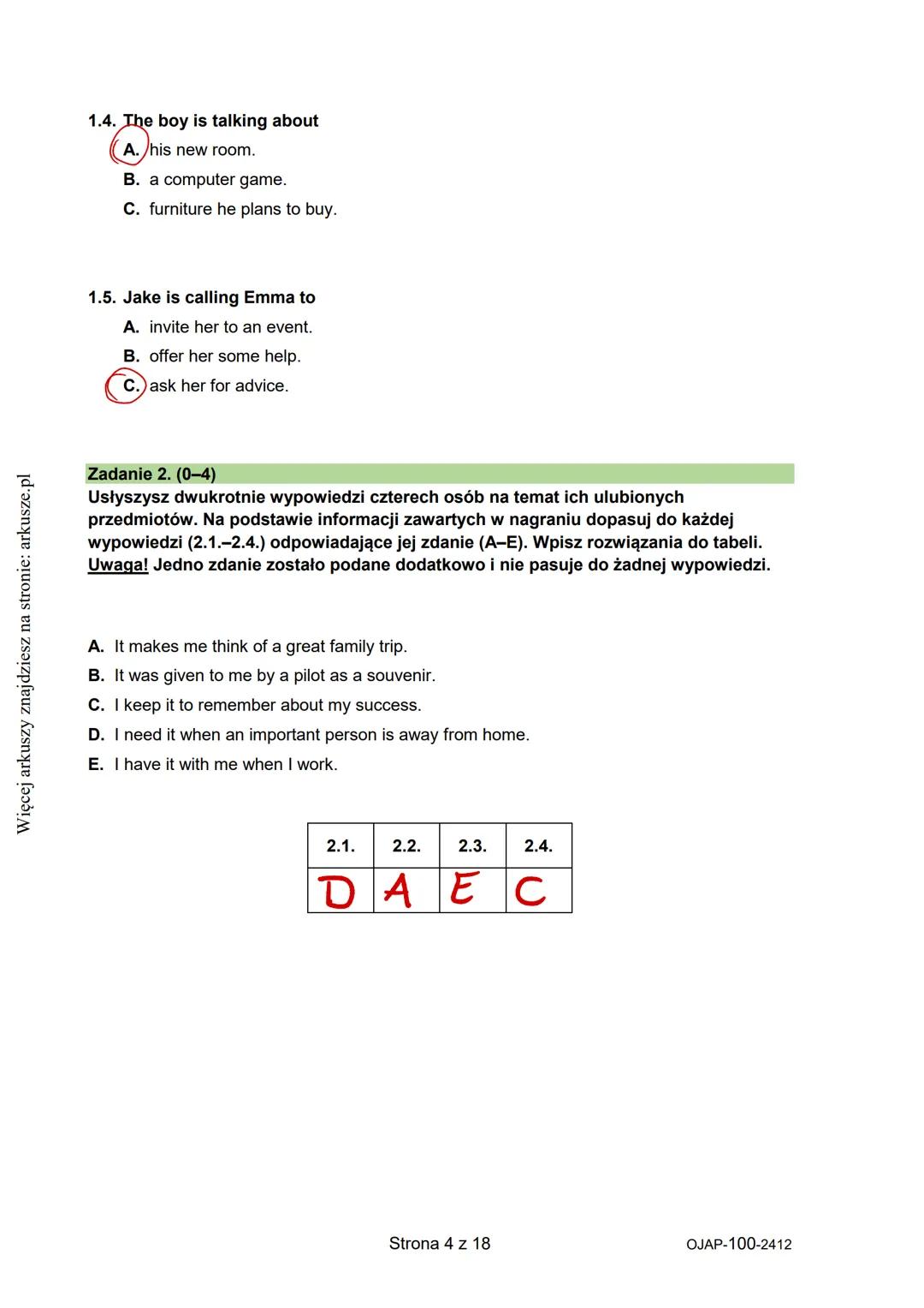 --- OCR Start ---
Więcej arkuszy znajdziesz na stronie: arkusze.pl
CENTRALNA
KOMISJA
EGZAMINACYJNA
WYPEŁNIA UCZEŃ
KOD UCZNIA
PESEL
Arkusz za