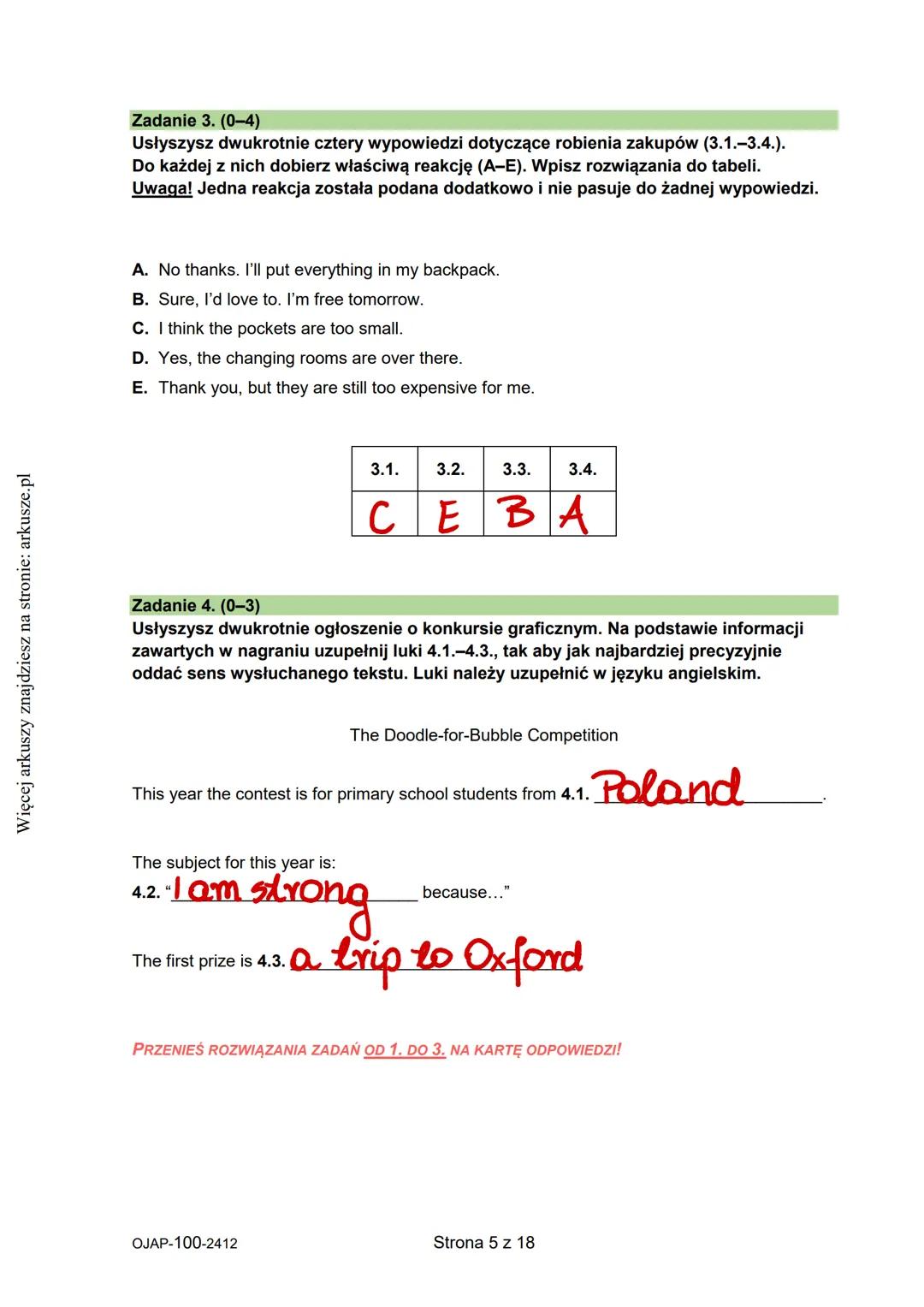 --- OCR Start ---
Więcej arkuszy znajdziesz na stronie: arkusze.pl
CENTRALNA
KOMISJA
EGZAMINACYJNA
WYPEŁNIA UCZEŃ
KOD UCZNIA
PESEL
Arkusz za