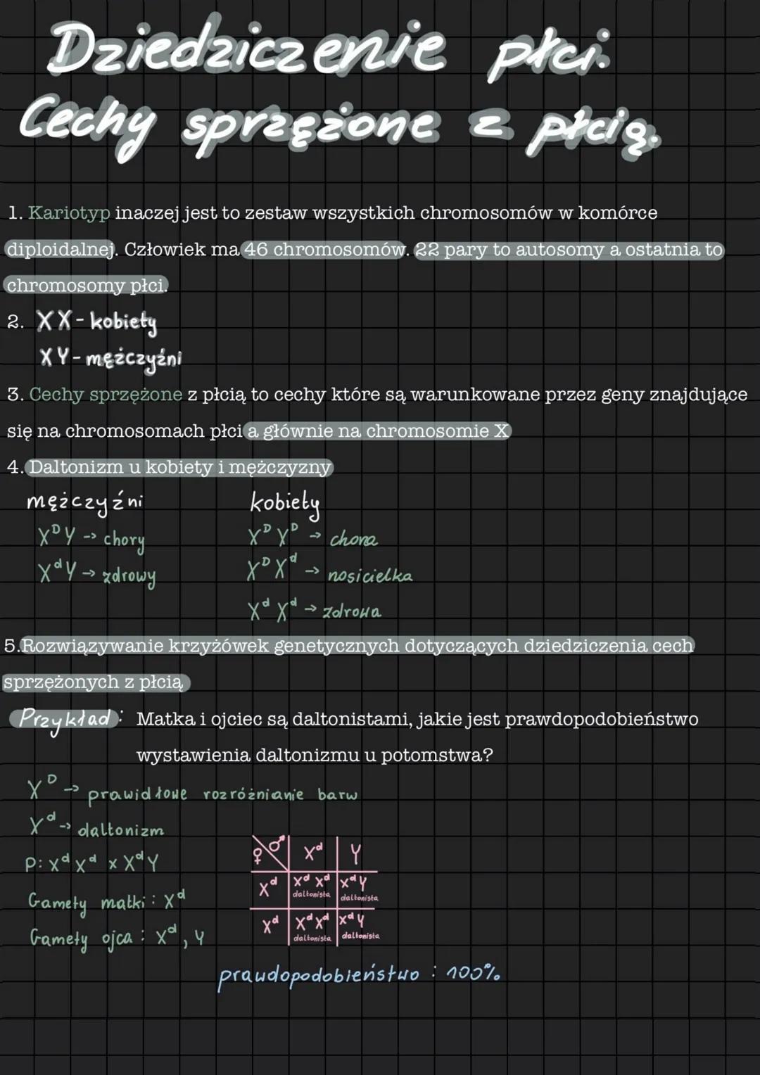 # Dziedziczenie płci
# Cechy sprzężone z picis
1. Kariotyp inaczej jest to zestaw wszystkich chromosomów w komórce
diploidalnej. Człowiek