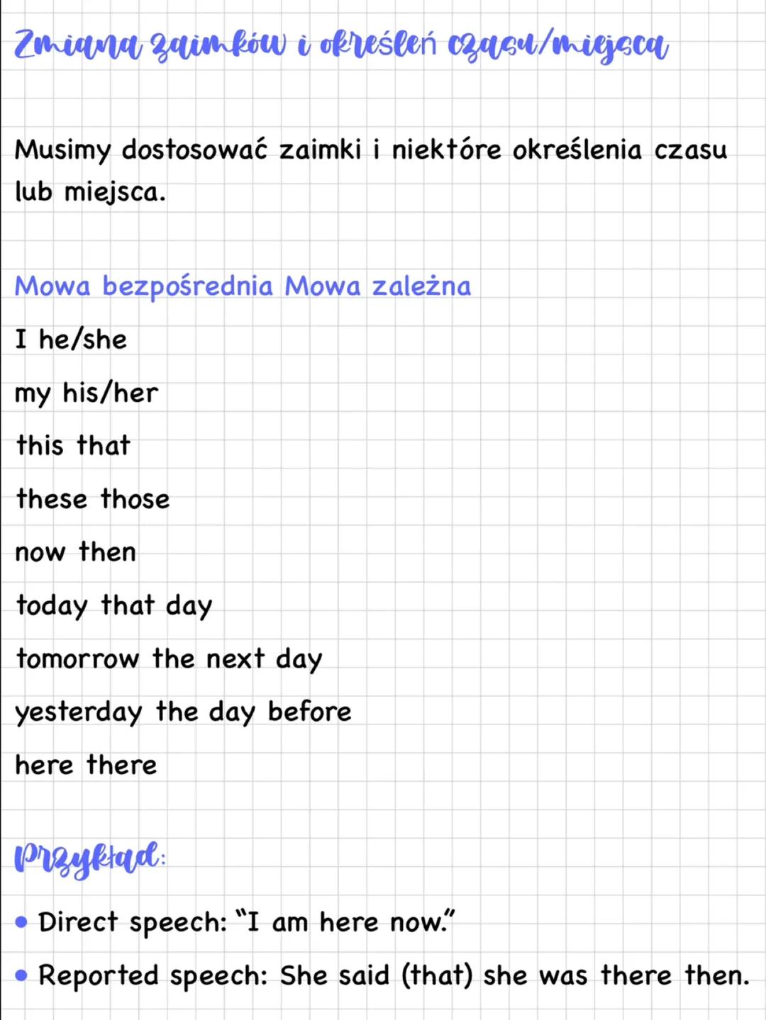 --- OCR Start ---
Reported speech
• Mowa zależna służy do relacjonowania czyichś słów bez ich
dosłownego cytowania. W języku angielskim ozna