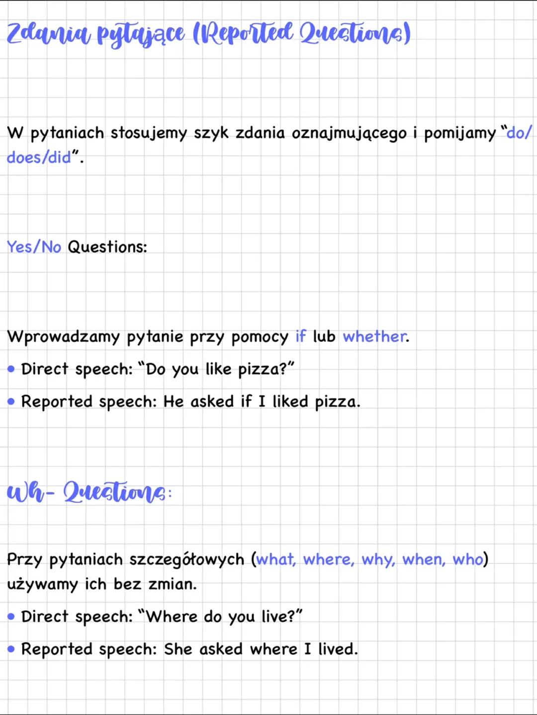 --- OCR Start ---
Reported speech
• Mowa zależna służy do relacjonowania czyichś słów bez ich
dosłownego cytowania. W języku angielskim ozna