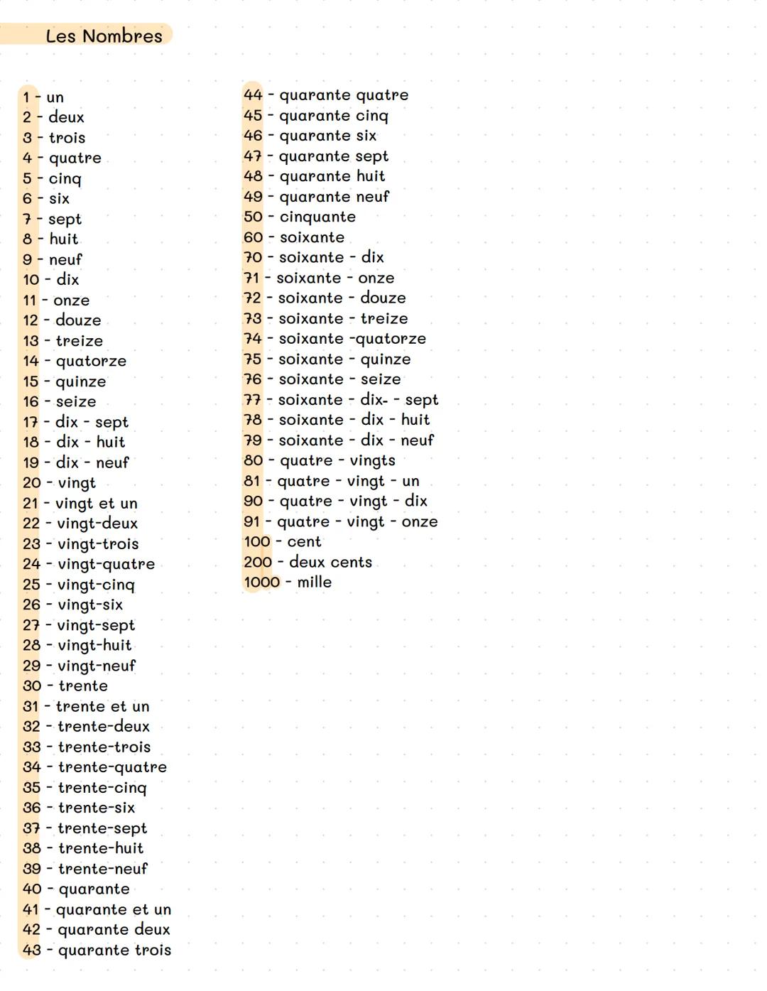 # Les Nombres
1- un
2 - deux
3- trois
4 - quatre
5 - cinq
6 - six
7 - sept
8 - huit
9-neuf
10 - dix
11
onze
12 - douze
13- treize
14 - quat