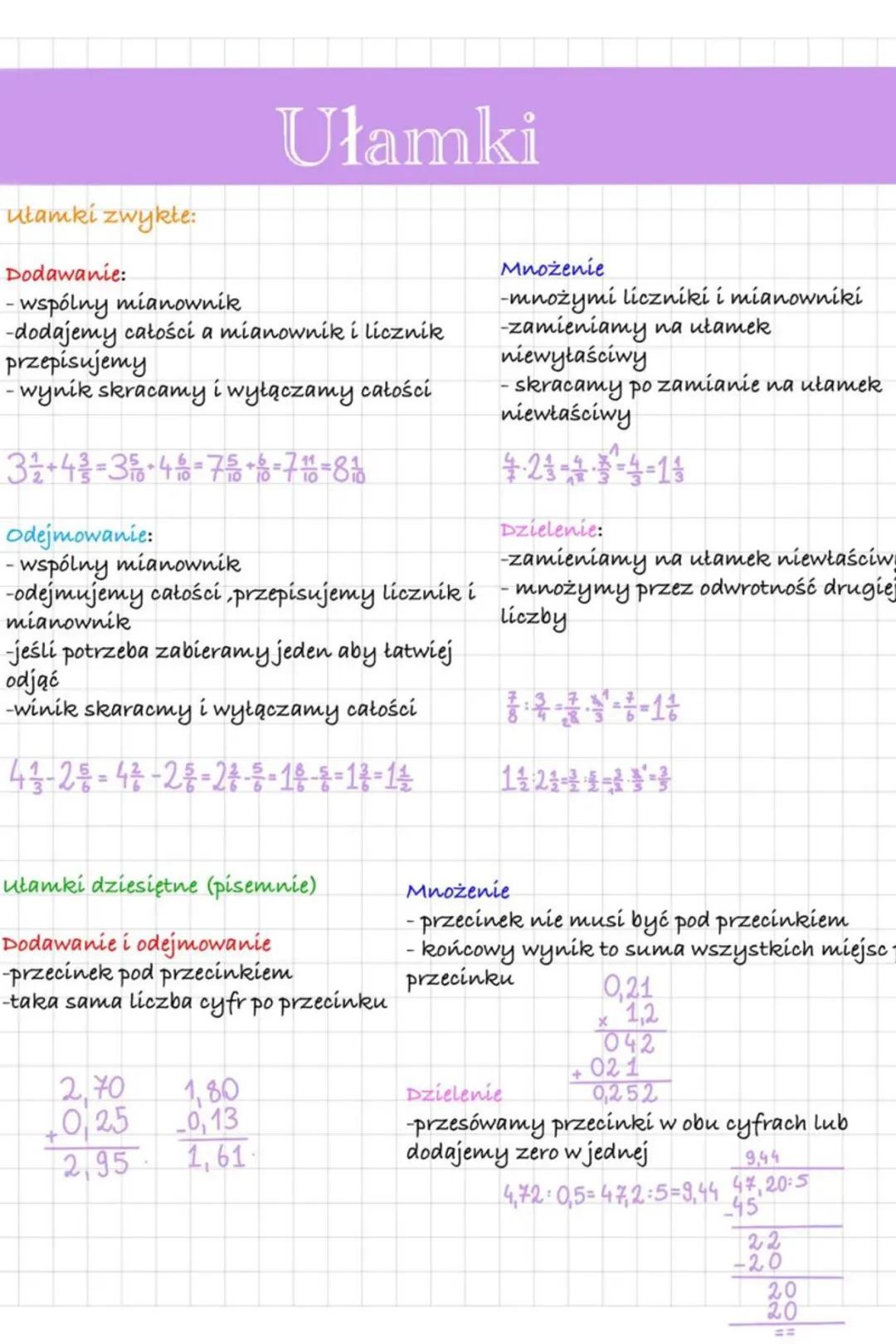 Dodawanie odejmowanie mnożenie dzielenie ułamków