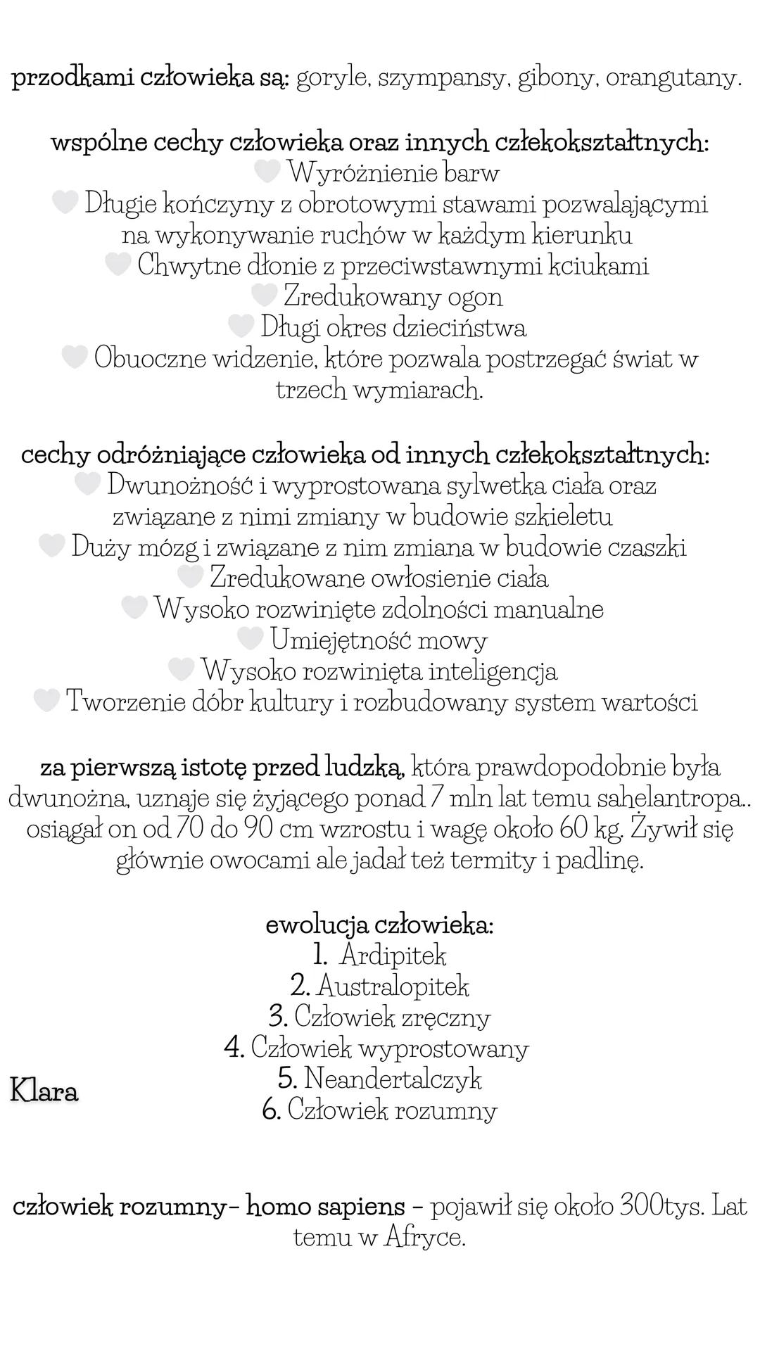 --- OCR Start ---
Ewolucja życia
Klara
Ewolucja to proces stopniowych zmian budowy ciała,
sposobu życia, upodobań pokarmowych lub innych cec