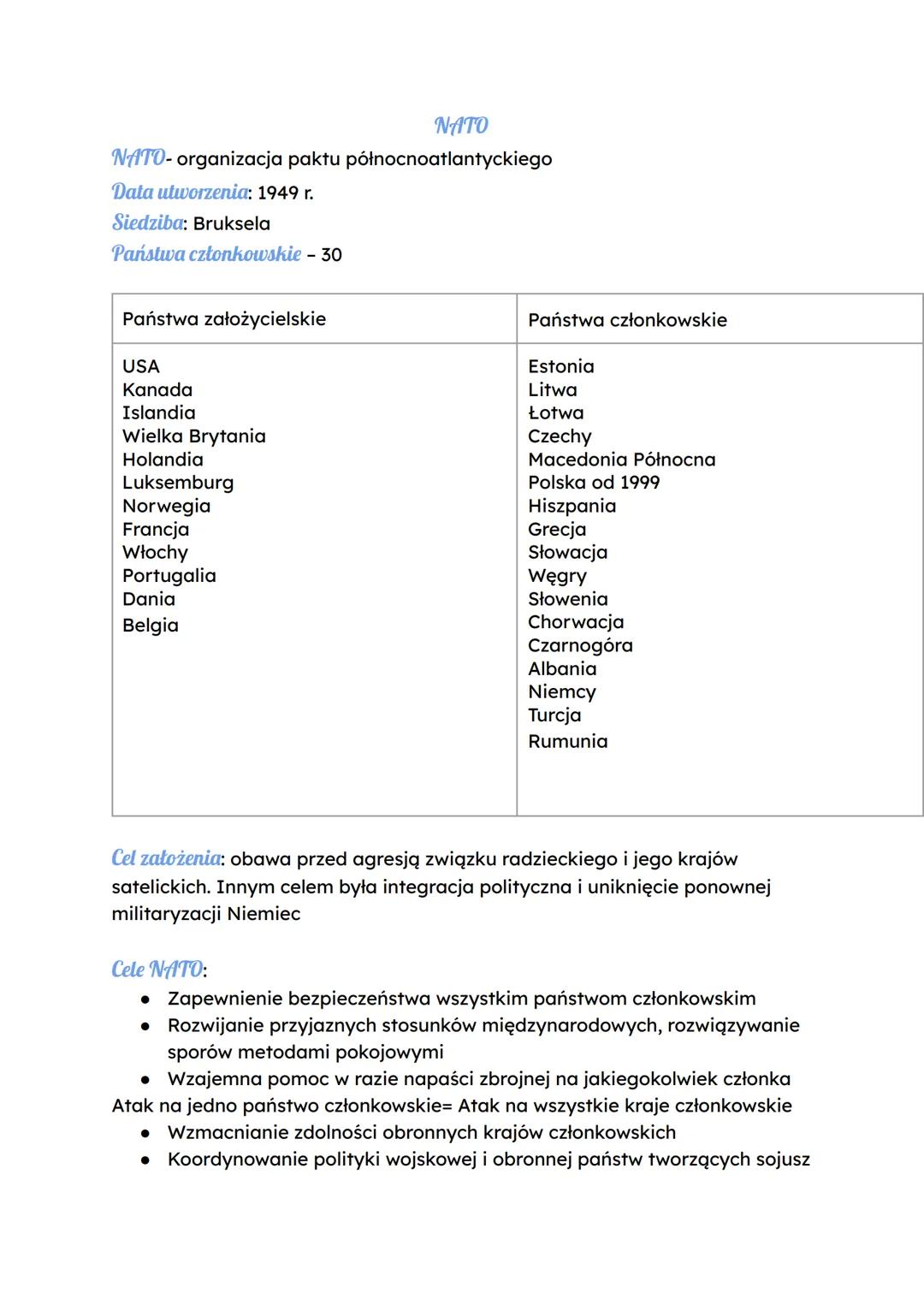 NATO
NATO-organizacja paktu północnoatlantyckiego
Data utworzenia: 1949 r.
Siedziba: Bruksela
Państwa członkowskie - 30
| Państwa założ