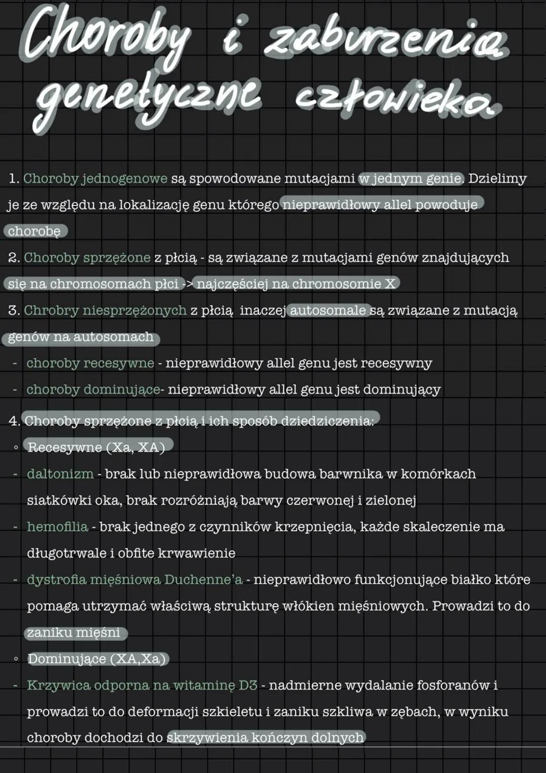 # Choroby i zaburzenia
genetyczne człowieka.
1. Choroby jednogenowe są spowodowane mutacjami w jednym genie. Dzielimy
je ze względu na lok