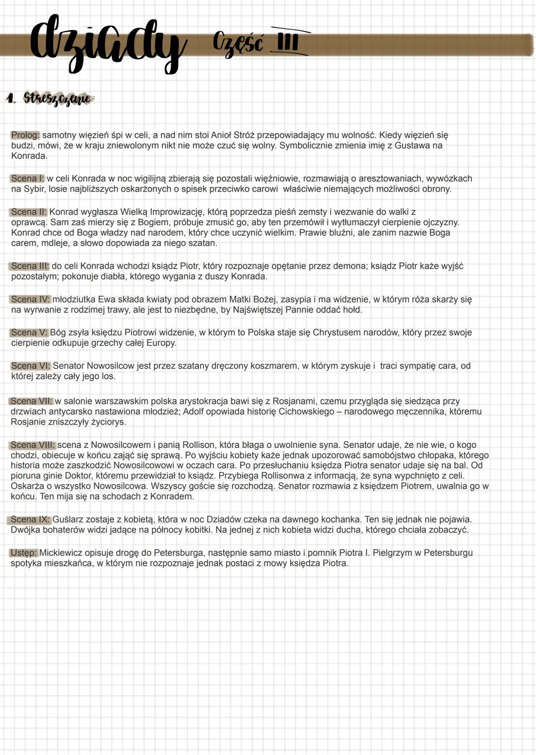--- OCR Start ---
dziady zese
1. Streszczenie
Prolog: samotny więzień śpi w celi, a nad nim stoi Anioł Stróż przepowiadający mu wolność. Kie