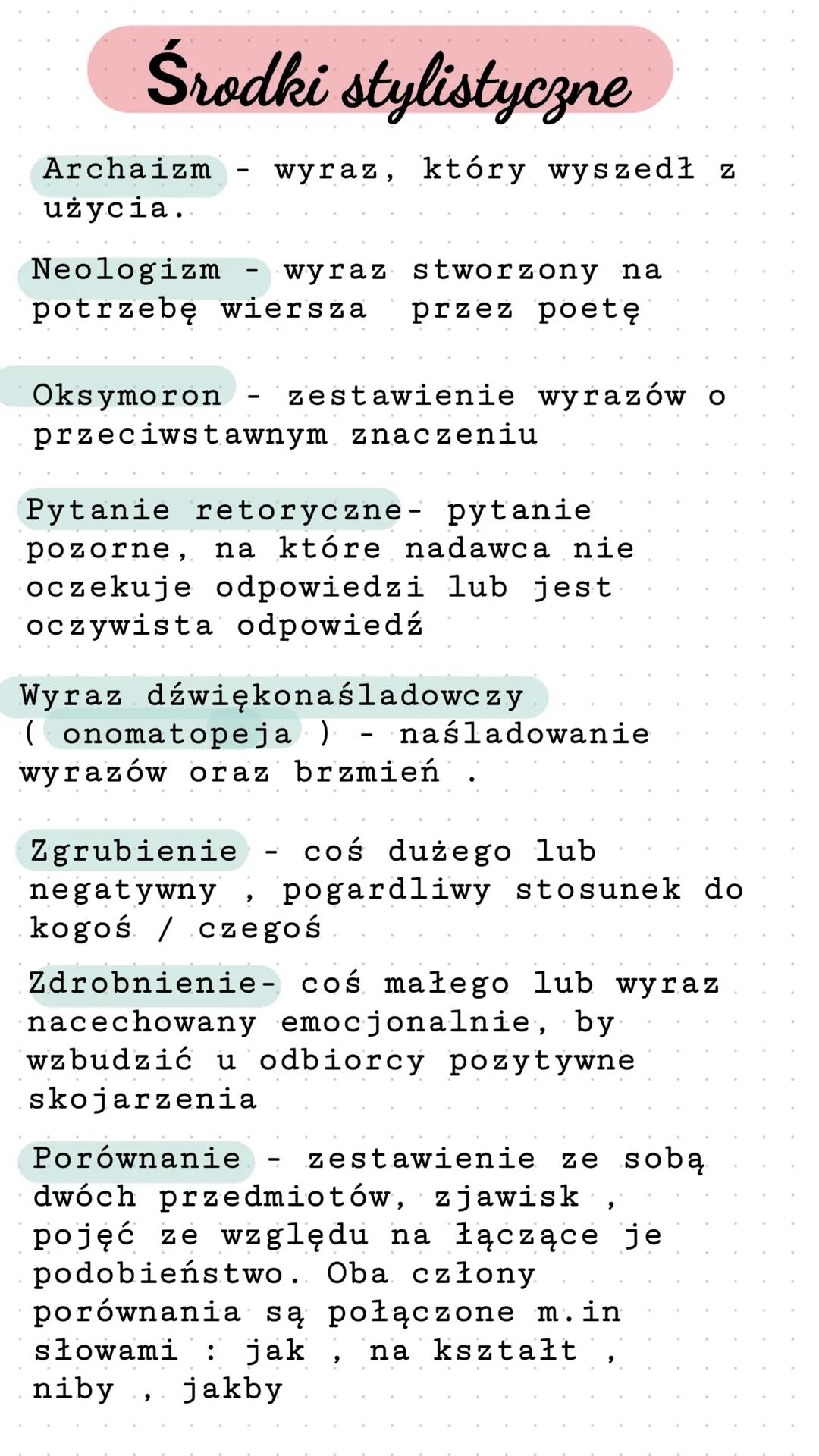 --- OCR Start ---
Lekcja
t:Środki stylistyczne
Anafora celowe
definicje
powtórzenie tego samego
słowa na początku zdania,
strofy lub wersu w