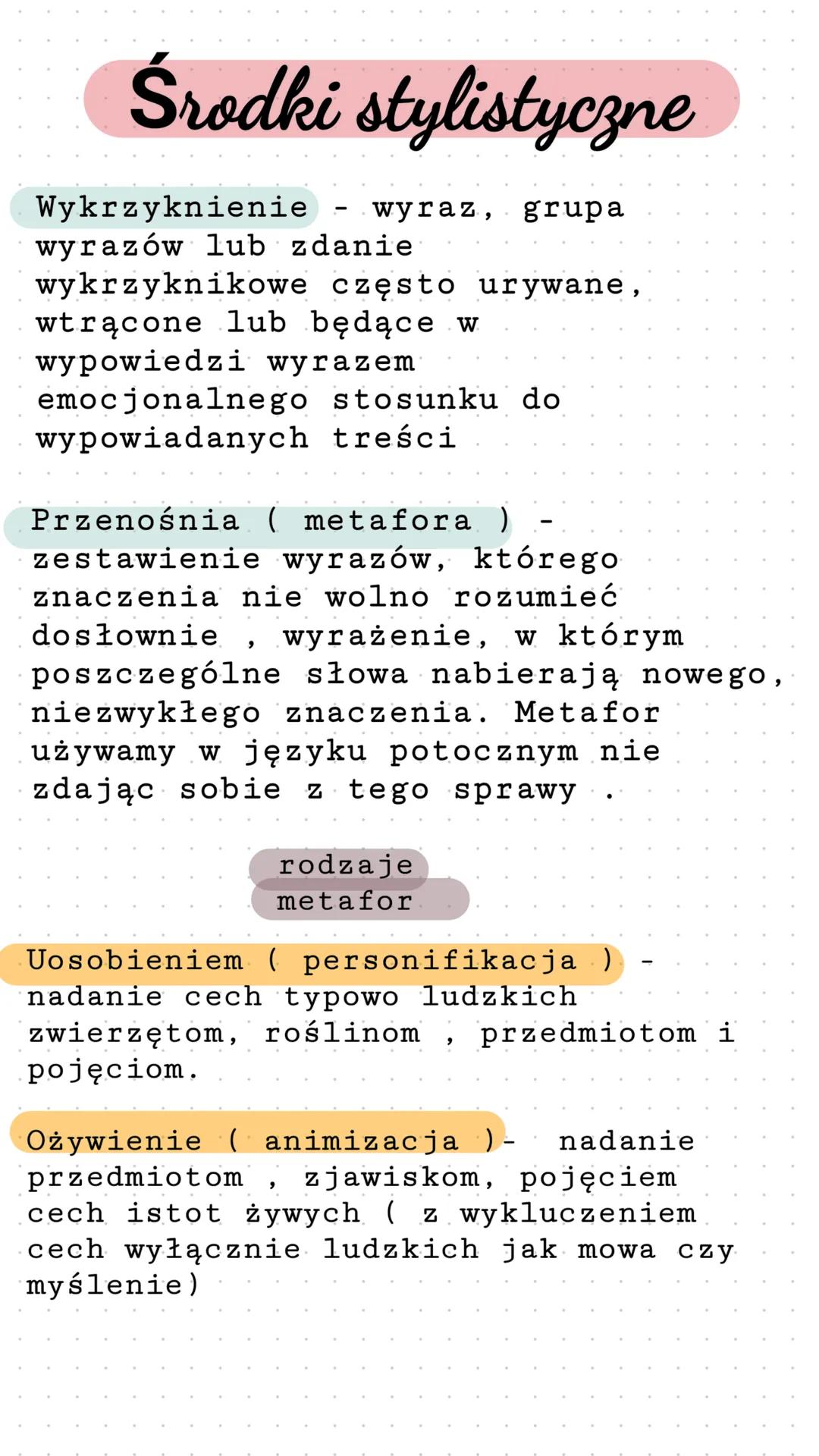 --- OCR Start ---
Lekcja
t:Środki stylistyczne
Anafora celowe
definicje
powtórzenie tego samego
słowa na początku zdania,
strofy lub wersu w