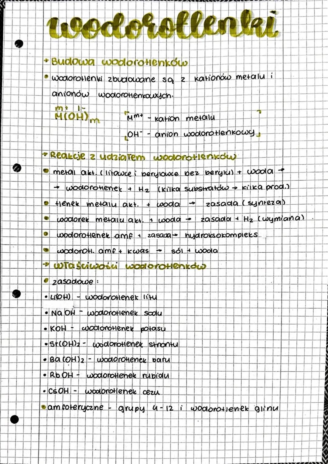 # wodorollenki
* Budowa wodorotienkow
* wodorotlenki zbudowane są z kationów metalu i
anionów wodoroнenkowych.
$M(OH)_m$
$M^{m+}$ - katio