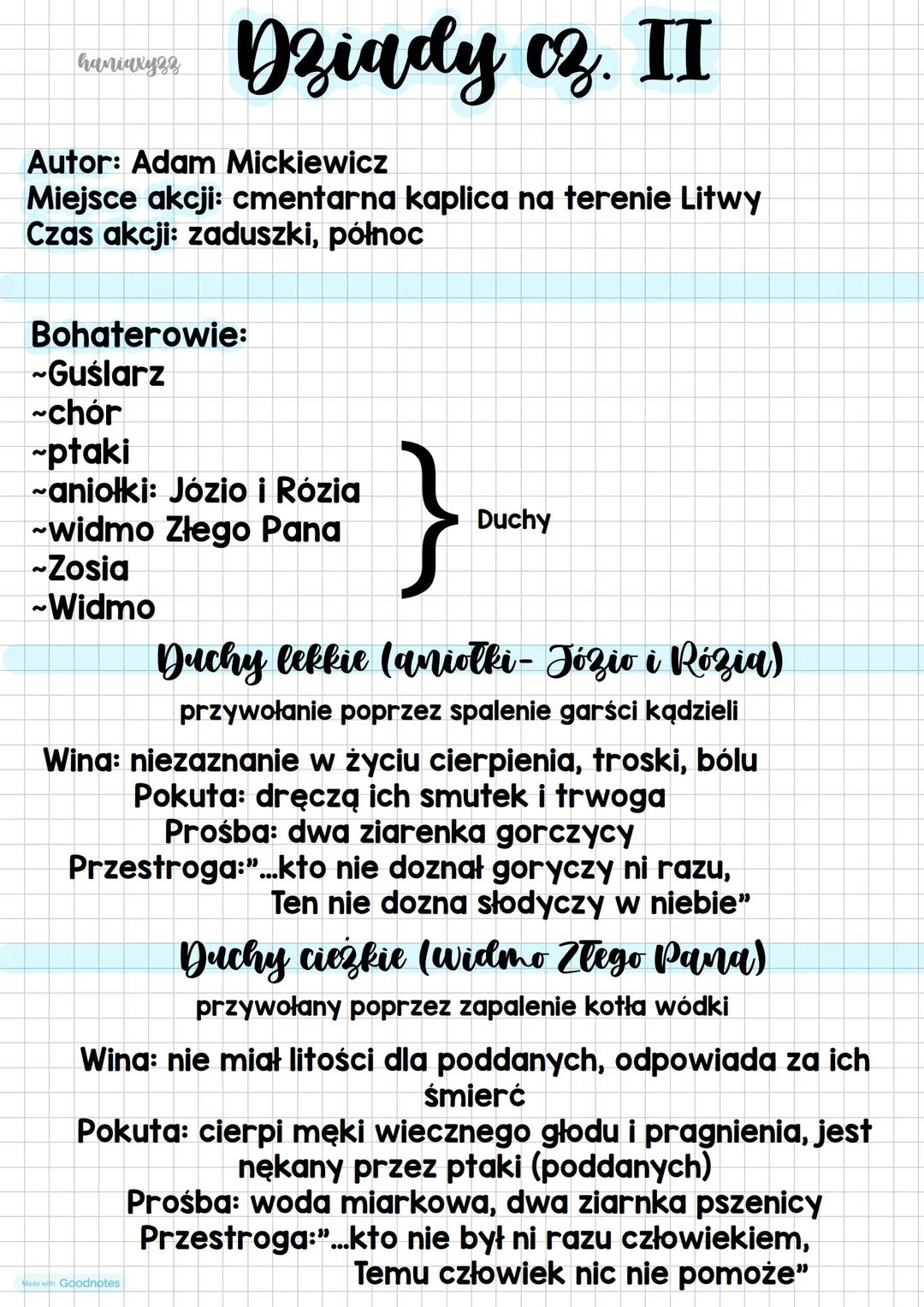 # Dziady oz. II
Autor: Adam Mickiewicz
Miejsce akcji: cmentarna kaplica na terenie Litwy
Czas akcji: zaduszki, północ
Bohaterowie:
~Guślar