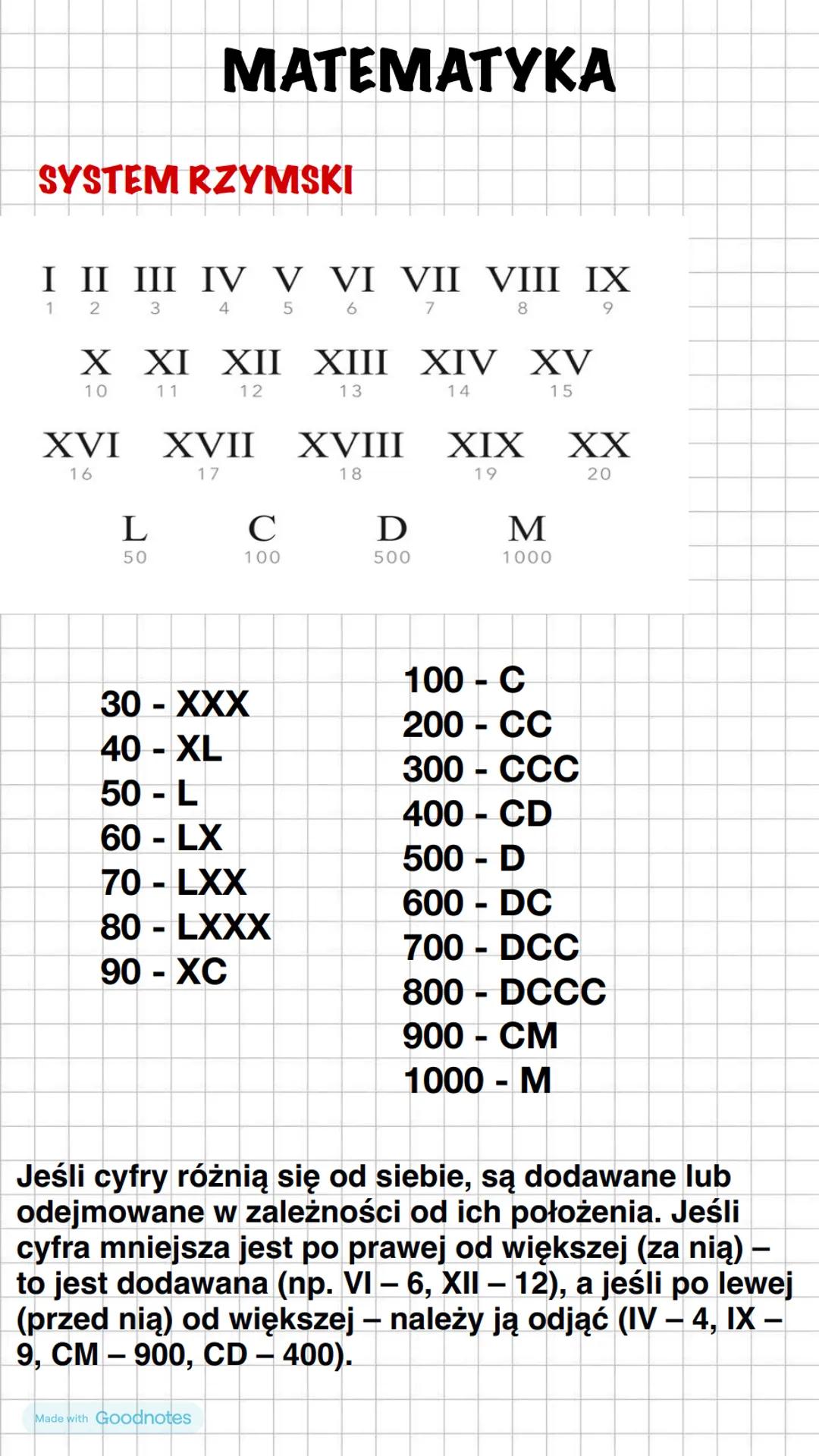 # МАТЕМАТΥΚΑ
SYSTEM RZYMSKI
I II III IV V VI VII VIII IX
1 2 3 4 5 6 7 8 9
X XI XII XIII XIV XV
10 11 12 13 14 15
XVI XVII XVIII XIX XX