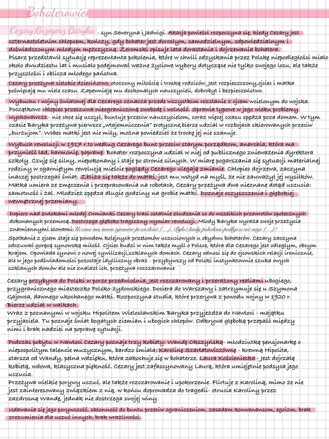 # Bohaterowie
Cezary Grzegorz Baryka - syn Seweryna i Jadwigi. Akacja powieści rozpoczyna się, kiedy Cezary jest
czternastoletnim chłopcem,