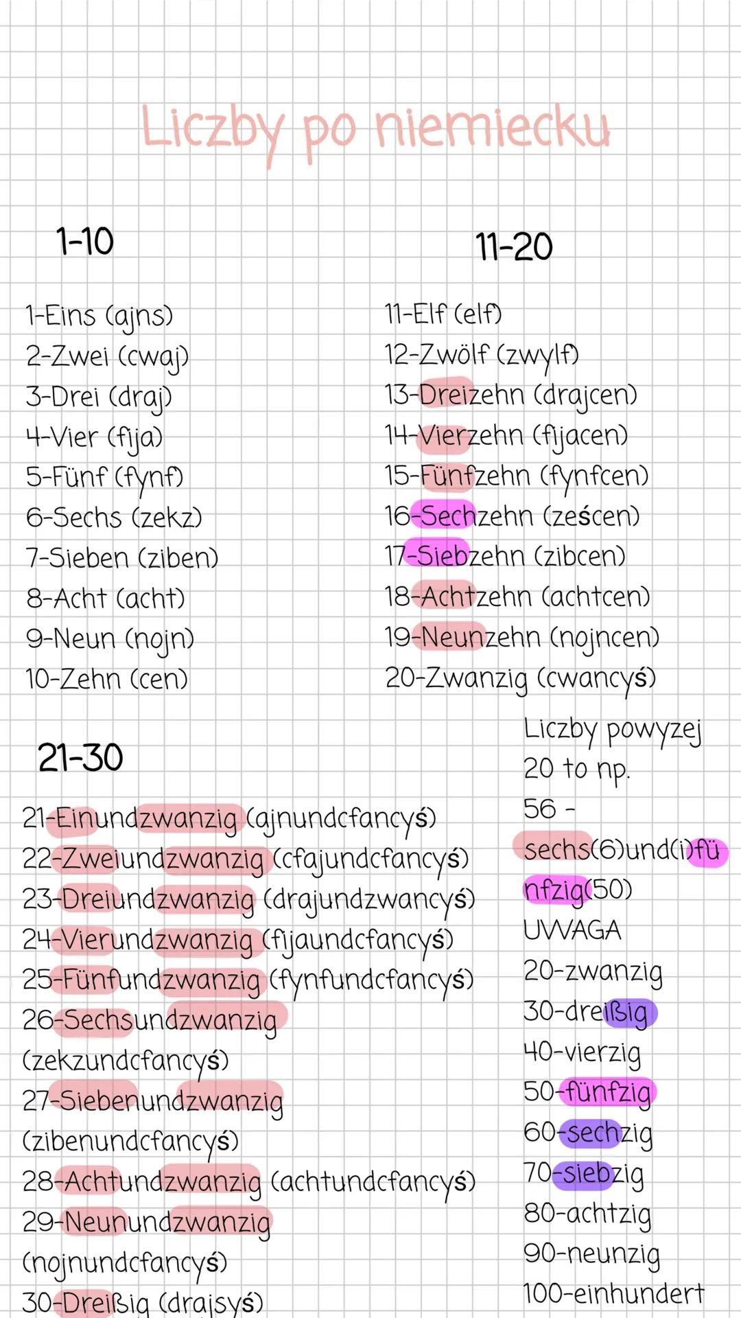 # Liczby po niemiecku
1-10
1-Eins (ajns)
2-Zwei (cwaj)
3-Drei (draj)
4-Vier (fija)
5-Fünf (fynf)
6-Sechs (zekz)
7-Sieben (ziben)
8-