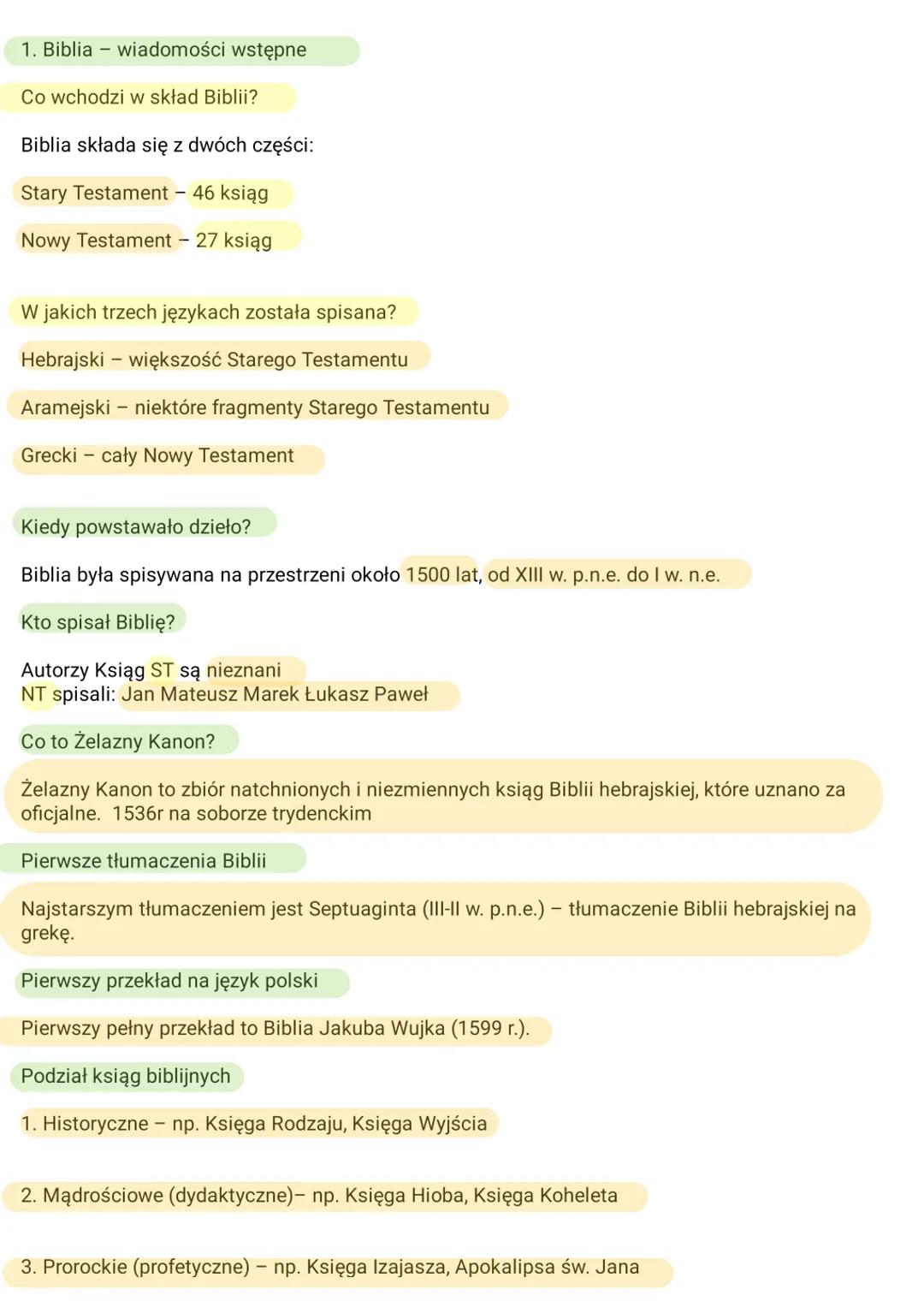 1. Biblia - wiadomości wstępne
Co wchodzi w skład Biblii?
Biblia składa się z dwóch części:
Stary Testament - 46 ksiąg
Nowy Testament - 27 k